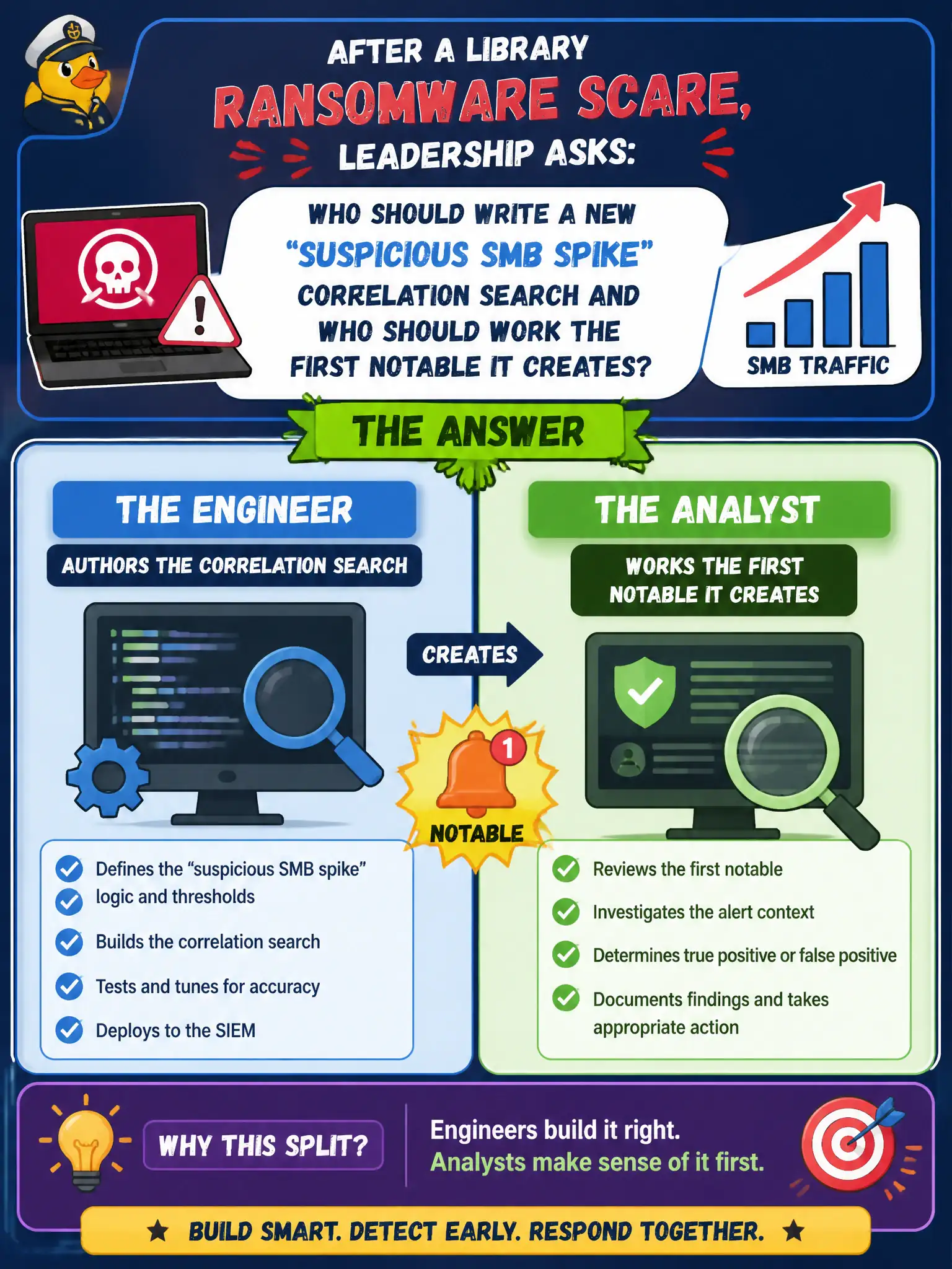 To Create an exciting colorful infographic that explains the concepts in the question: Question: After a library ransomware scare, leadership asks who should write a new "suspicious SMB spike" correlation search and who should work the first notable it creates. How should those duties be split? Correct Answer: The Engineer authors the correlation search; the Analyst works the first notable it creates Put EVERY visible label in double quotes. No people. No A/B/C/D letters. In one of the four corners put a little "Navy Duck".