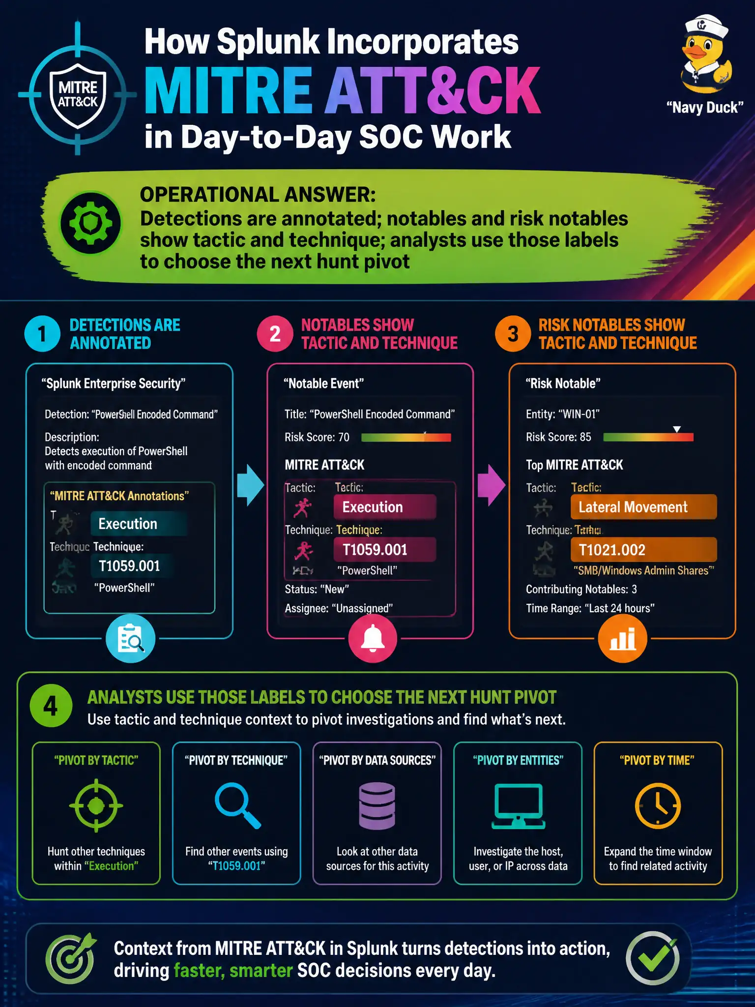 To Create an exciting colorful infographic that explains the concepts in the question: Question: Elections staff ask how Splunk incorporates MITRE ATT&CK in day-to-day SOC work rather than in a one-time slide. What is the operational answer? Correct Answer: Detections are annotated; notables and risk notables show tactic and technique; analysts use those labels to choose the next hunt pivot Put EVERY visible label in double quotes. No people. No A/B/C/D letters. In one of the four corners put a little "Navy Duck".