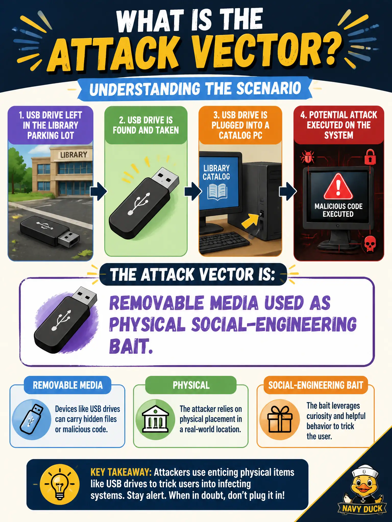 To Create an exciting colorful infographic that explains the concepts in the question: Question: A USB drive left in the library parking lot is plugged into a catalog PC. What is the attack vector? Correct Answer: Removable media used as physical social-engineering bait. Put EVERY visible label in double quotes. No people. No A/B/C/D letters. In one of the four corners put a little "Navy Duck".