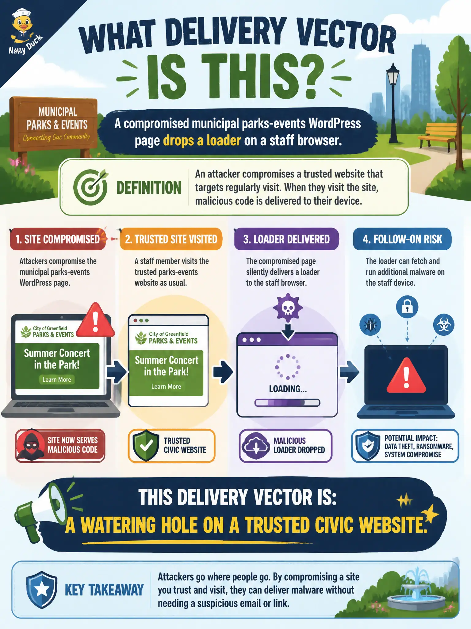 To Create an exciting colorful infographic that explains the concepts in the question: Question: A compromised municipal parks-events WordPress page drops a loader on a staff browser. What delivery vector is this? Correct Answer: A watering hole on a trusted civic website. Put EVERY visible label in double quotes. No people. No A/B/C/D letters. In one of the four corners put a little "Navy Duck".
