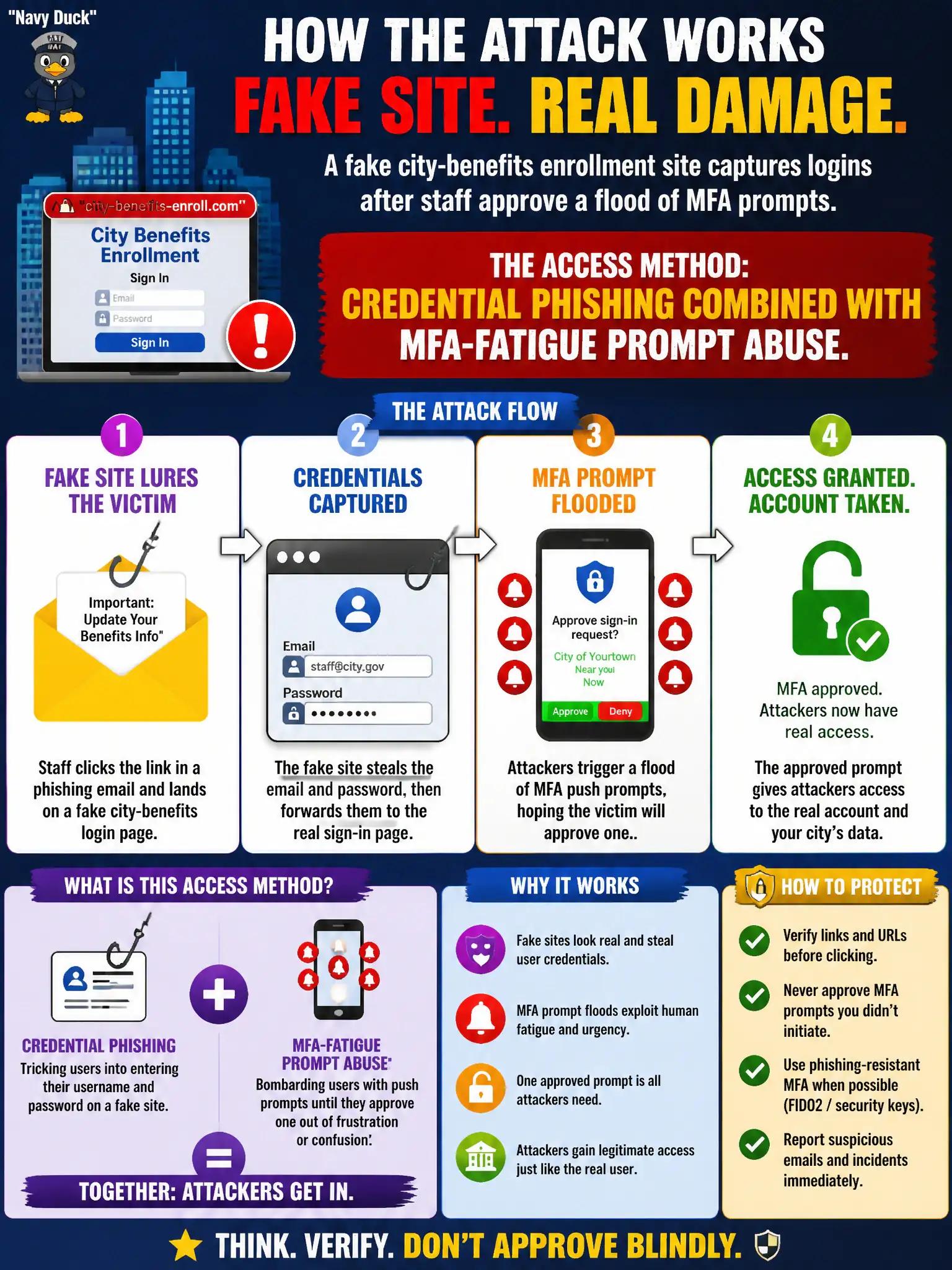 To Create an exciting colorful infographic that explains the concepts in the question: Question: A fake city-benefits enrollment site captures logins after staff approve a flood of MFA prompts. What access method is this? Correct Answer: Credential phishing combined with MFA-fatigue prompt abuse. Put EVERY visible label in double quotes. No people. No A/B/C/D letters. In one of the four corners put a little "Navy Duck".