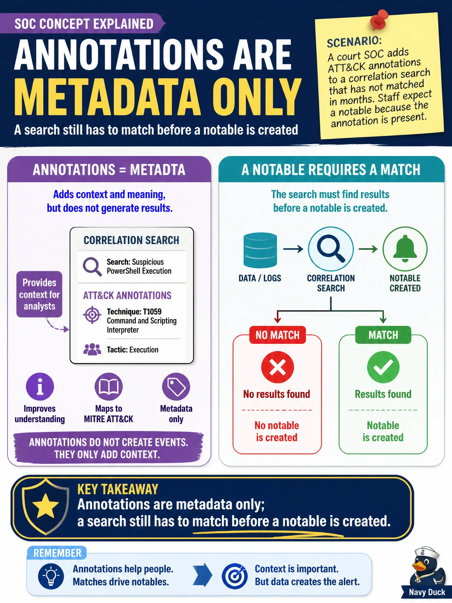 To Create an exciting colorful infographic that explains the concepts in the question: Question: A court SOC adds ATT&CK annotations to a correlation search that has not matched in months. Staff expect a notable because the annotation is present. What is the correct scope of annotations? Correct Answer: Annotations are metadata only; a search still has to match before a notable is created Put EVERY visible label in double quotes. No people. No A/B/C/D letters. In one of the four corners put a little "Navy Duck".