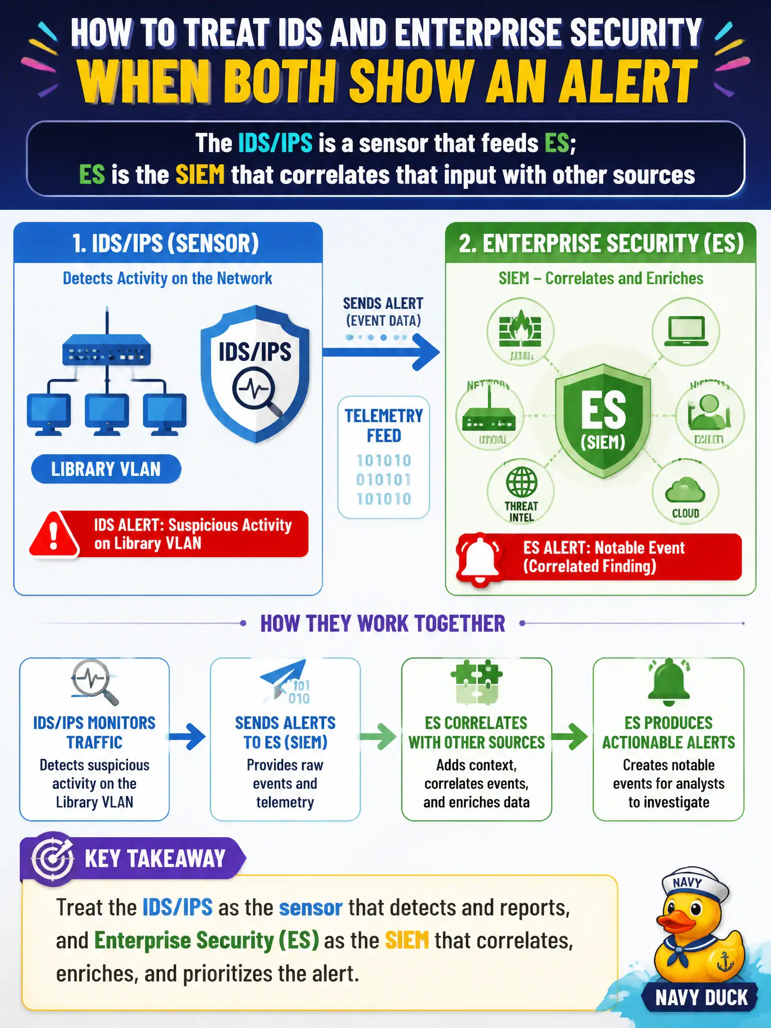 To Create an exciting colorful infographic that explains the concepts in the question: Question: A county IDS fires on a library VLAN, and Enterprise Security also shows a notable. How should the analyst treat the two systems? Correct Answer: The IDS/IPS is a sensor that feeds ES; ES is the SIEM that correlates that input with other sources Put EVERY visible label in double quotes. No people. No A/B/C/D letters. In one of the four corners put a little "Navy Duck".