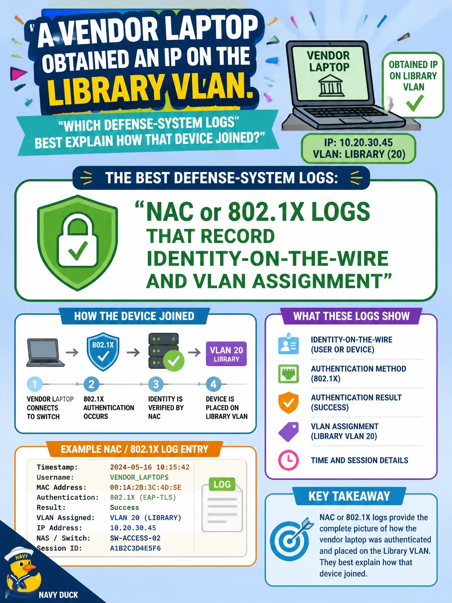 To Create an exciting colorful infographic that explains the concepts in the question: Question: A vendor laptop obtained an IP on the library VLAN. Which defense-system logs best explain how that device joined? Correct Answer: NAC or 802.1X logs that record identity-on-the-wire and VLAN assignment Put EVERY visible label in double quotes. No people. No A/B/C/D letters. In one of the four corners put a little "Navy Duck".