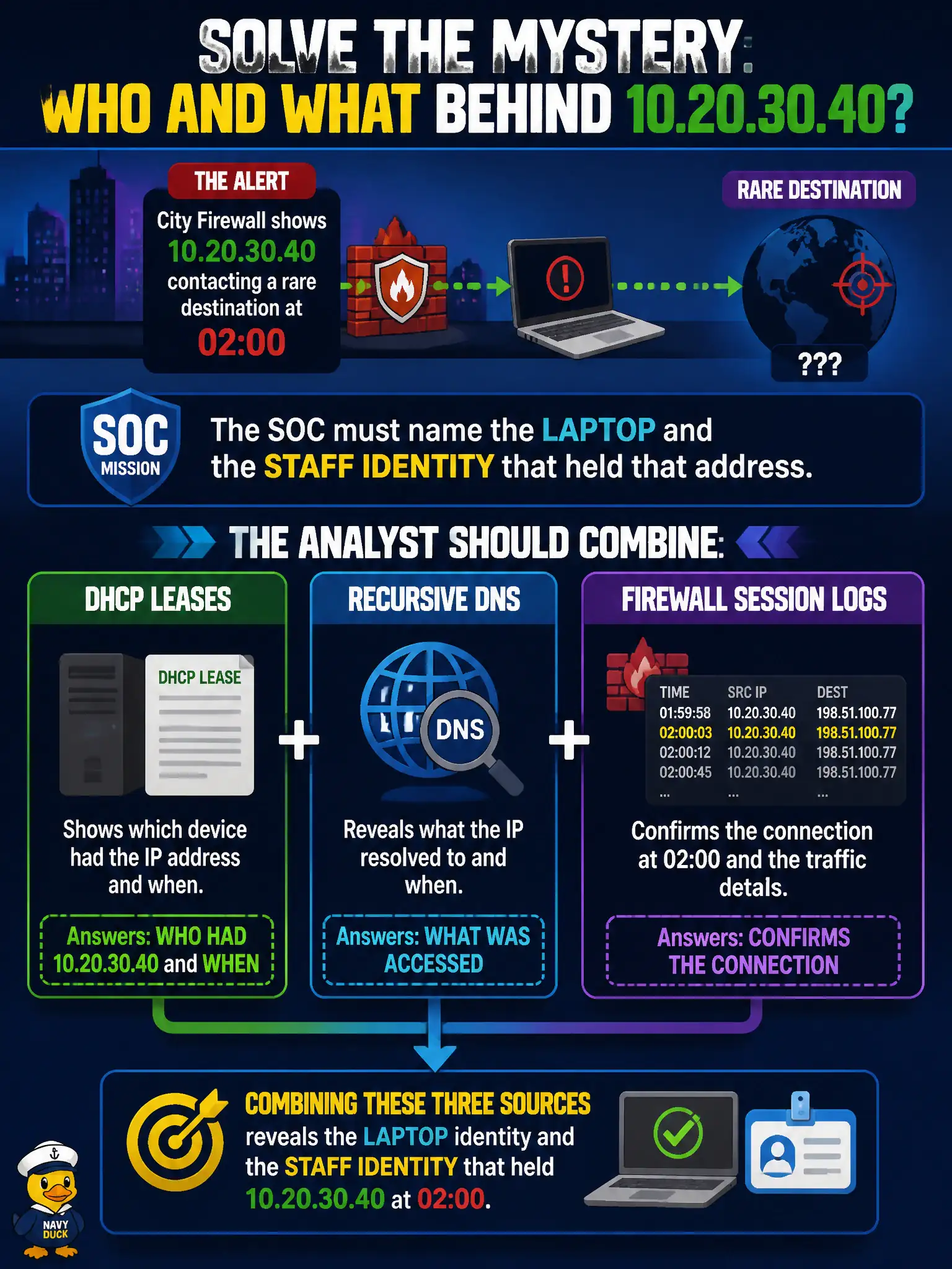 To Create an exciting colorful infographic that explains the concepts in the question: Question: A city firewall shows 10.20.30.40 contacting a rare destination at 02:00, and the SOC must name the laptop and the staff identity that held that address. What should the analyst combine? Correct Answer: DHCP leases, recursive DNS, and firewall session logs for that time window. Put EVERY visible label in double quotes. No people. No A/B/C/D letters. In one of the four corners put a little "Navy Duck".