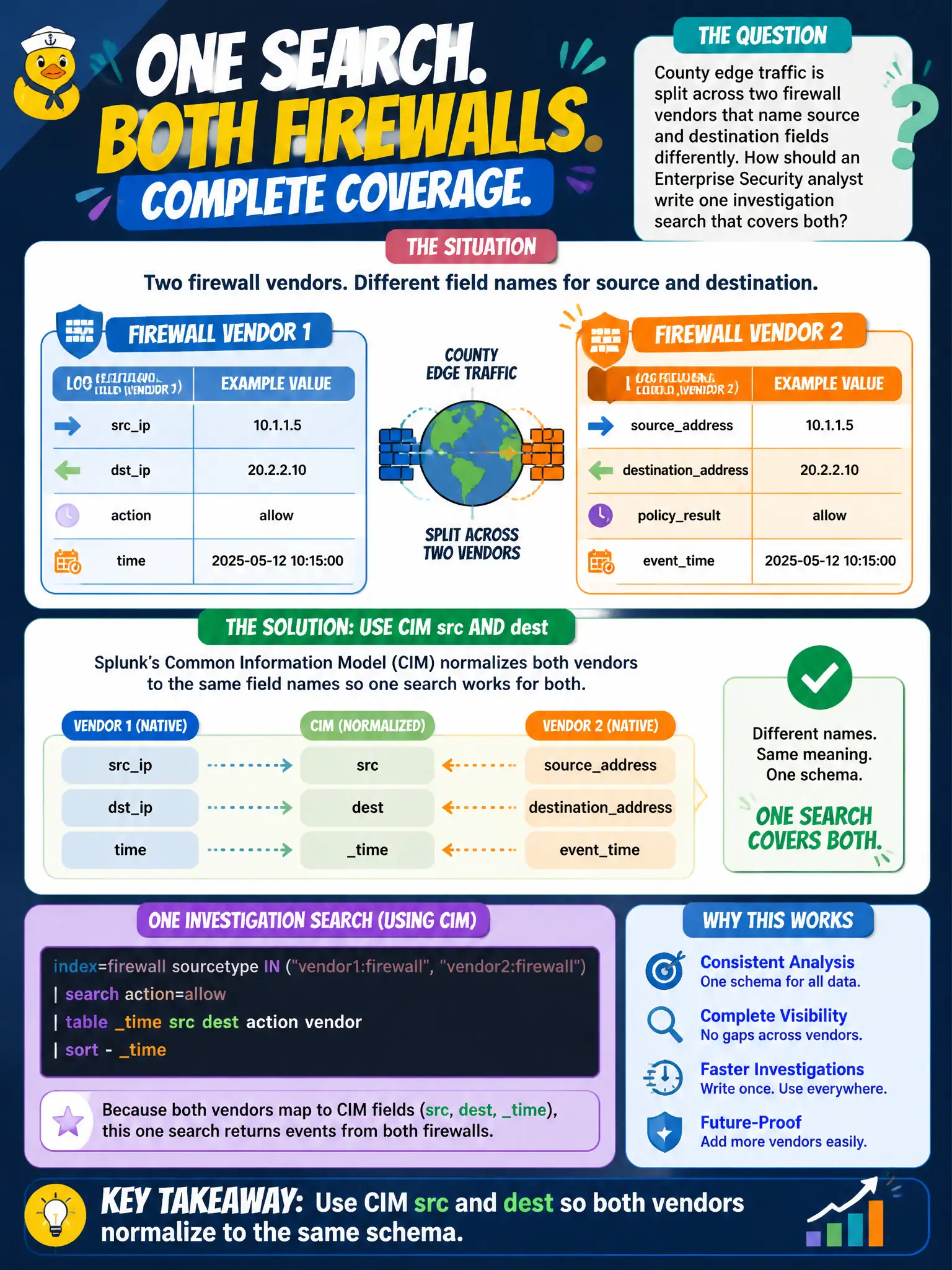 To Create an exciting colorful infographic that explains the concepts in the question: Question: County edge traffic is split across two firewall vendors that name source and destination fields differently. How should an Enterprise Security analyst write one investigation search that covers both? Correct Answer: Use CIM src and dest so both vendors normalize to the same schema. Put EVERY visible label in double quotes. No people. No A/B/C/D letters. In one of the four corners put a little "Navy Duck".