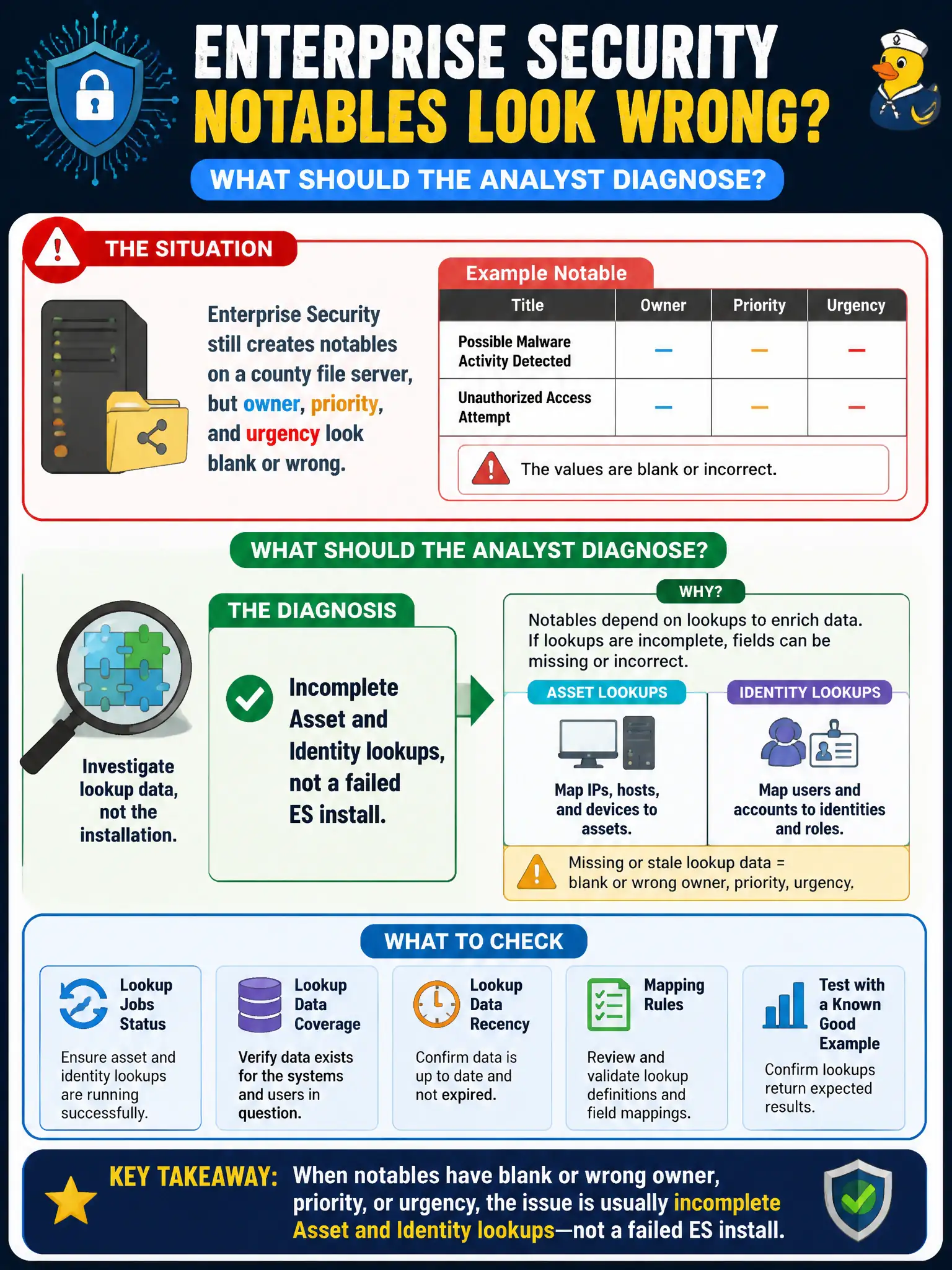 To Create an exciting colorful infographic that explains the concepts in the question: Question: Enterprise Security still creates notables on a county file server, but owner, priority, and urgency look blank or wrong. What should the analyst diagnose? Correct Answer: Incomplete Asset and Identity lookups, not a failed ES install. Put EVERY visible label in double quotes. No people. No A/B/C/D letters. In one of the four corners put a little "Navy Duck".