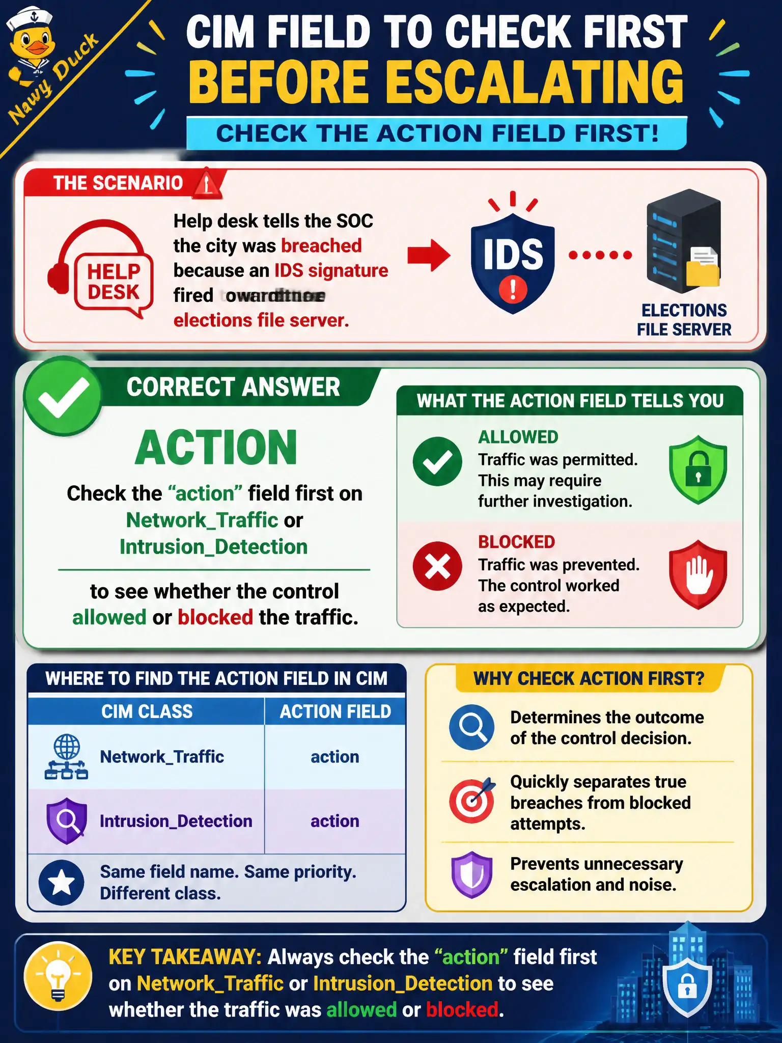 To Create an exciting colorful infographic that explains the concepts in the question: Question: Help desk tells the SOC the city was breached because an IDS signature fired toward the elections file server. Which CIM field should the analyst check first before escalating? Correct Answer: action on NetworkTraffic or IntrusionDetection to see whether the control allowed or blocked the traffic. Put EVERY visible label in double quotes. No people. No A/B/C/D letters. In one of the four corners put a little "Navy Duck".