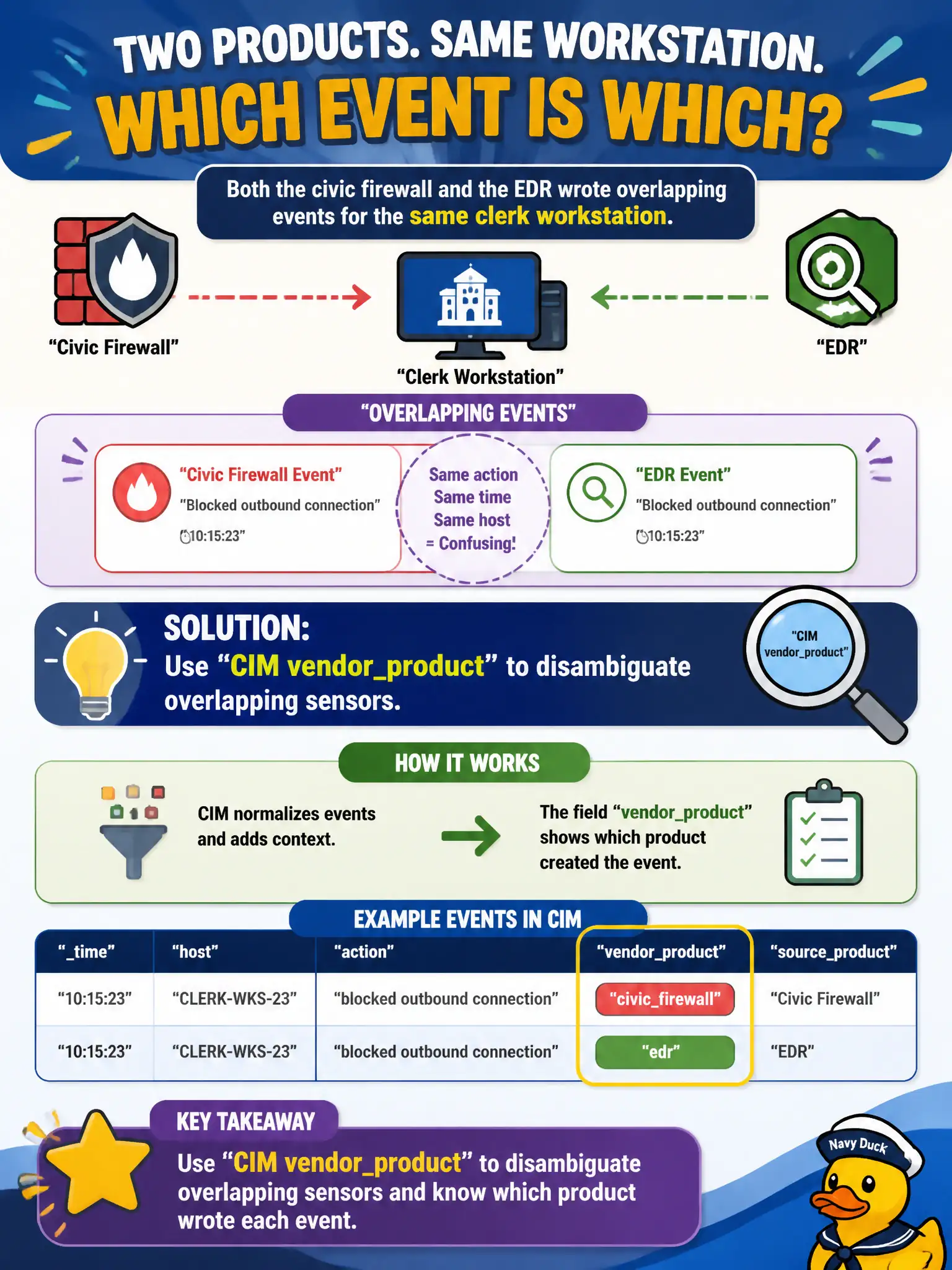 To Create an exciting colorful infographic that explains the concepts in the question: Question: Both the civic firewall and the EDR wrote overlapping events for the same clerk workstation. How should the analyst tell which product produced a given event? Correct Answer: Use CIM vendorproduct to disambiguate overlapping sensors. Put EVERY visible label in double quotes. No people. No A/B/C/D letters. In one of the four corners put a little "Navy Duck".
