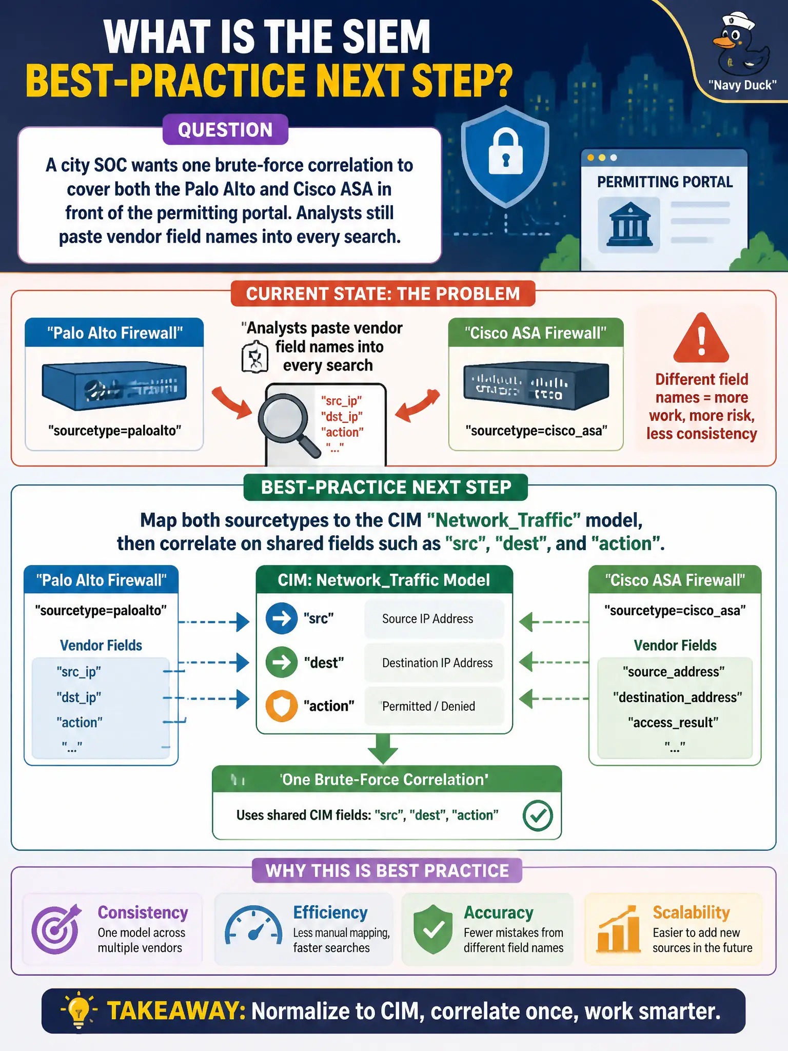 To Create an exciting colorful infographic that explains the concepts in the question: Question: A city SOC wants one brute-force correlation to cover both the Palo Alto and Cisco ASA in front of the permitting portal. Analysts still paste vendor field names into every search. What is the SIEM best-practice next step? Correct Answer: Map both sourcetypes to the CIM NetworkTraffic model, then correlate on shared fields such as src, dest, and action. Put EVERY visible label in double quotes. No people. No A/B/C/D letters. In one of the four corners put a little "Navy Duck".