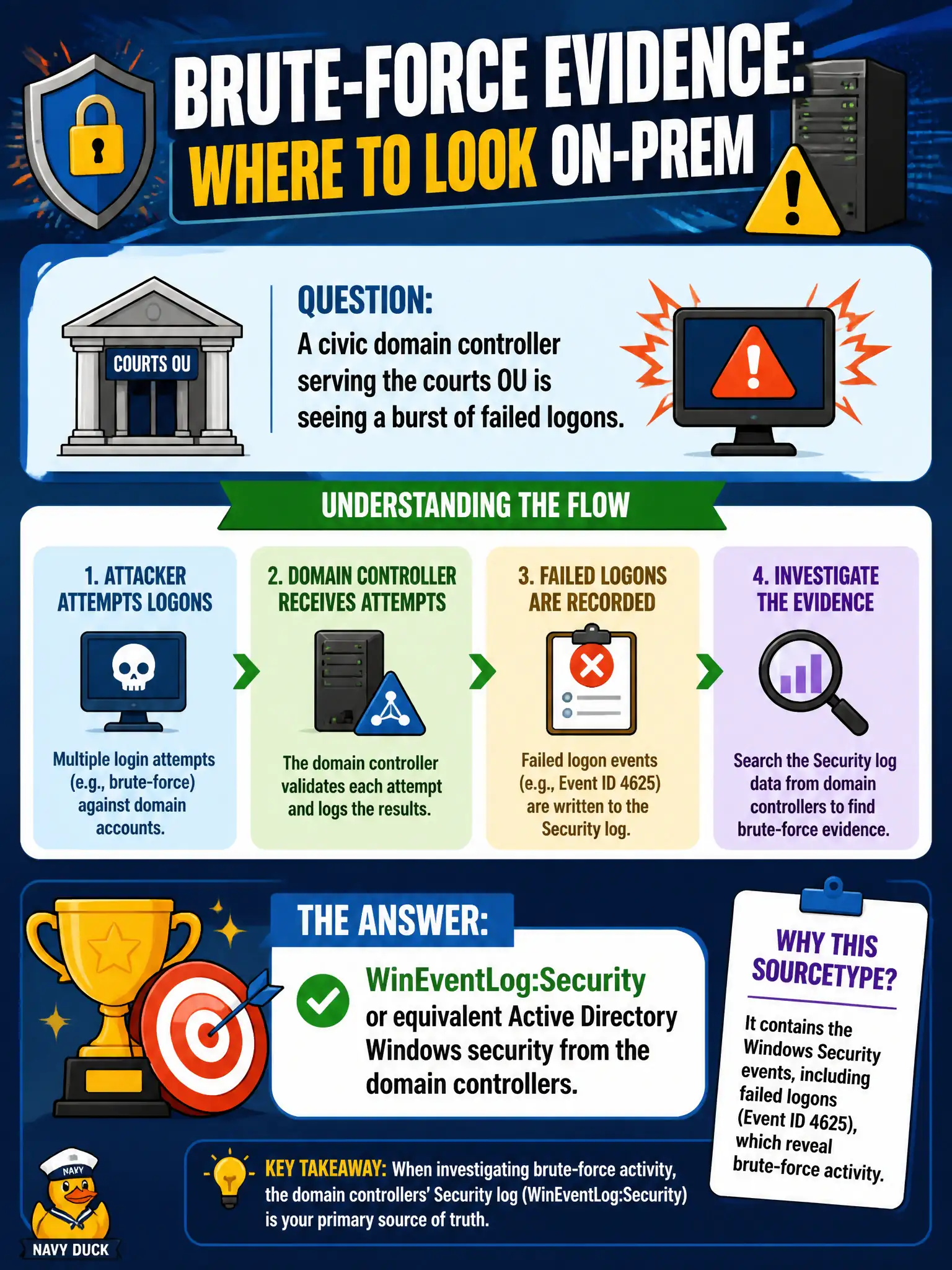 To Create an exciting colorful infographic that explains the concepts in the question: Question: A civic domain controller serving the courts OU is seeing a burst of failed logons. Which on-prem sourcetype should hold the brute-force evidence? Correct Answer: WinEventLog:Security or equivalent Active Directory Windows security from the domain controllers. Put EVERY visible label in double quotes. No people. No A/B/C/D letters. In one of the four corners put a little "Navy Duck".