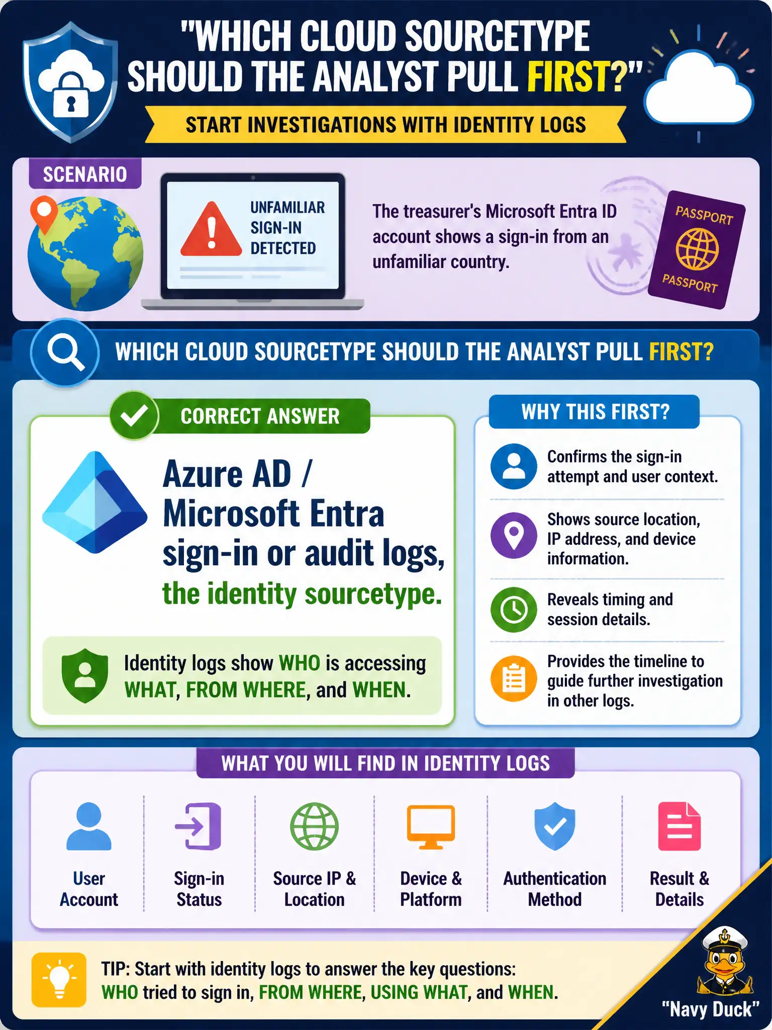 To Create an exciting colorful infographic that explains the concepts in the question: Question: The treasurer's Microsoft Entra ID account shows a sign-in from an unfamiliar country. Which cloud sourcetype should the analyst pull first? Correct Answer: Azure AD / Microsoft Entra sign-in or audit logs, the identity sourcetype. Put EVERY visible label in double quotes. No people. No A/B/C/D letters. In one of the four corners put a little "Navy Duck".