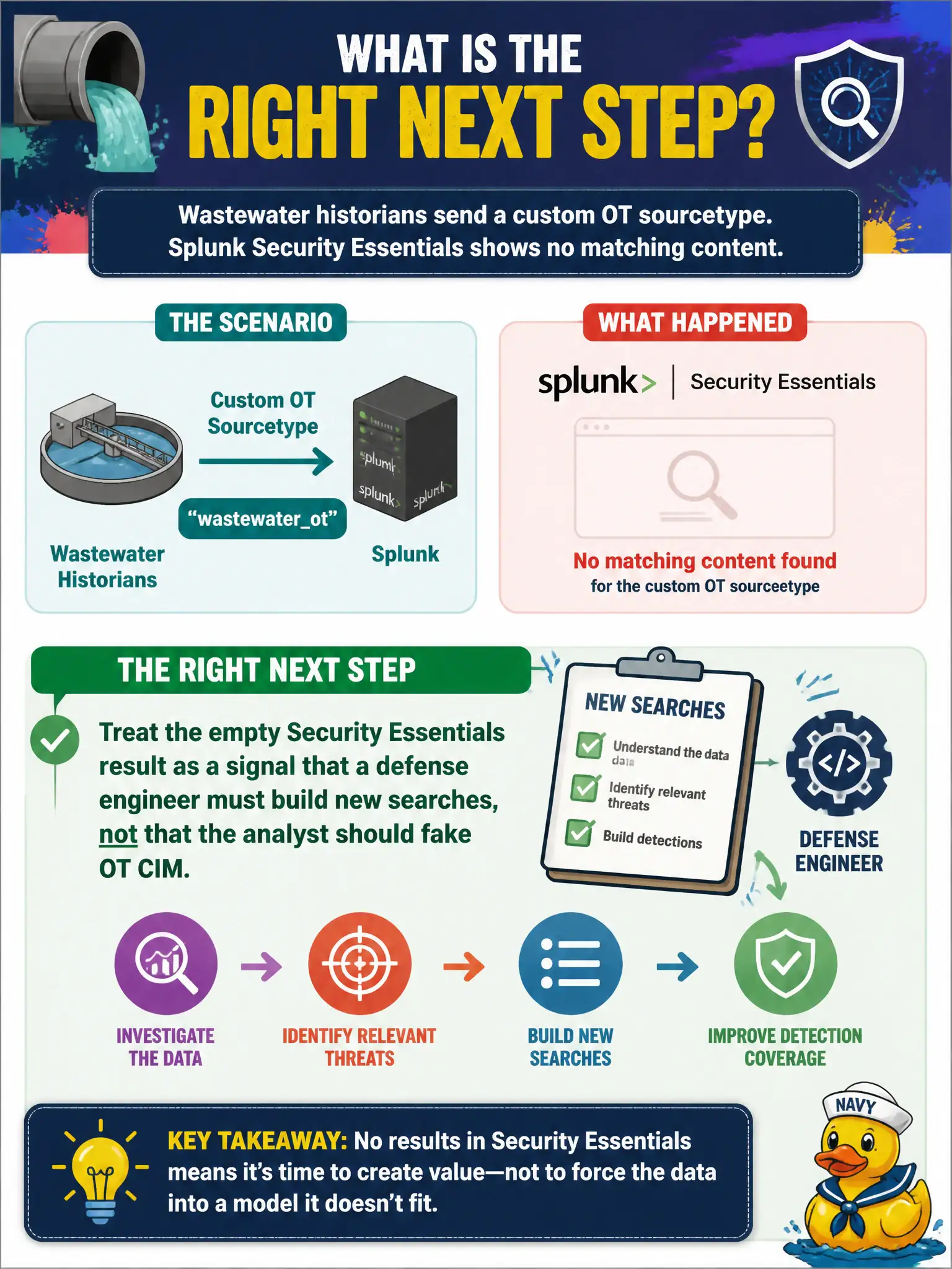 To Create an exciting colorful infographic that explains the concepts in the question: Question: Wastewater historians send a custom OT sourcetype. Splunk Security Essentials shows no matching content. What is the right next step? Correct Answer: Treat the empty Security Essentials result as a signal that a defense engineer must build new searches, not that the analyst should fake OT CIM. Put EVERY visible label in double quotes. No people. No A/B/C/D letters. In one of the four corners put a little "Navy Duck".