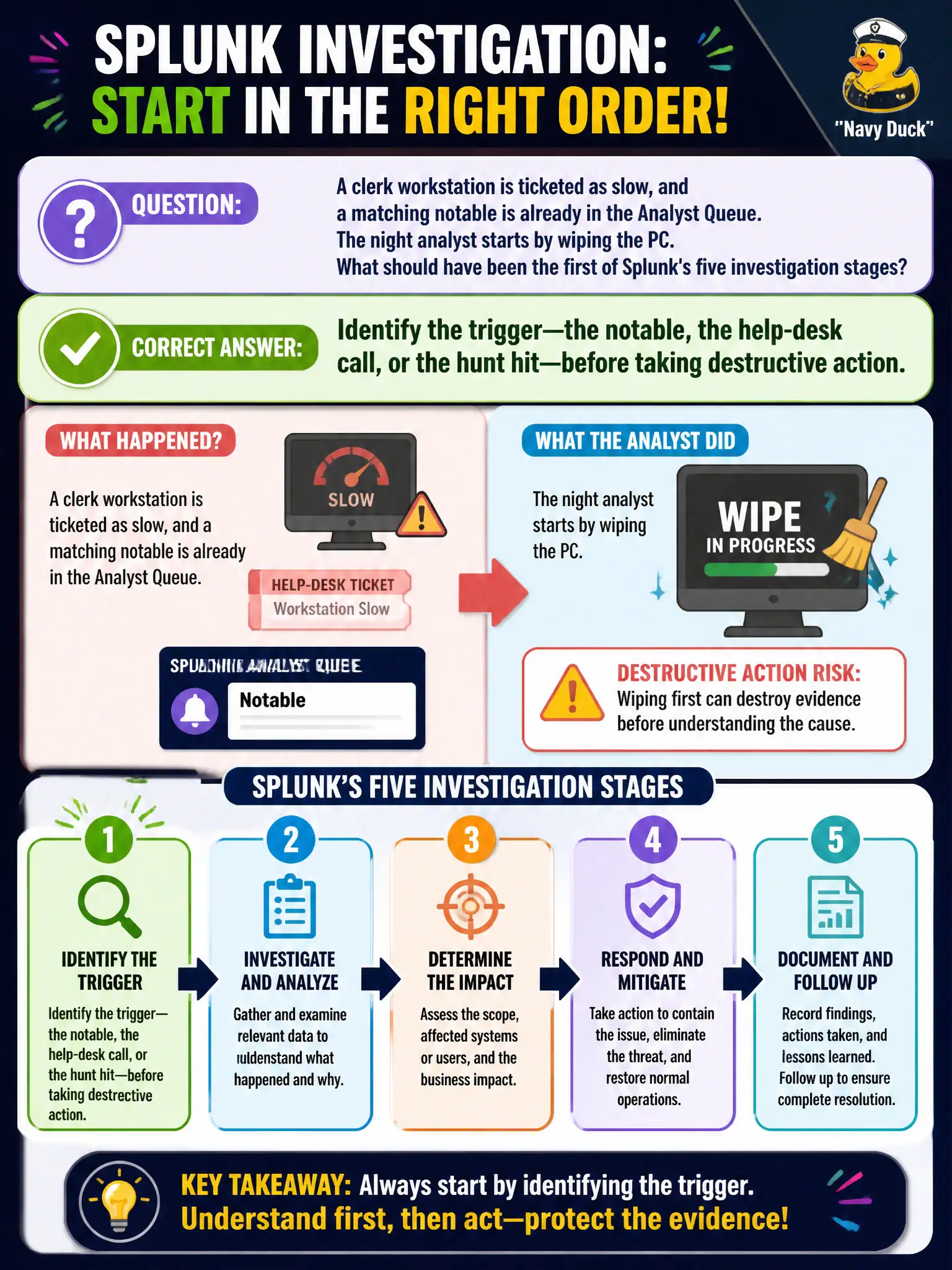 To Create an exciting colorful infographic that explains the concepts in the question: Question: A clerk workstation is ticketed as slow, and a matching notable is already in the Analyst Queue. The night analyst starts by wiping the PC. What should have been the first of Splunk's five investigation stages? Correct Answer: Identify the trigger—the notable, the help-desk call, or the hunt hit—before taking destructive action. Put EVERY visible label in double quotes. No people. No A/B/C/D letters. In one of the four corners put a little "Navy Duck".
