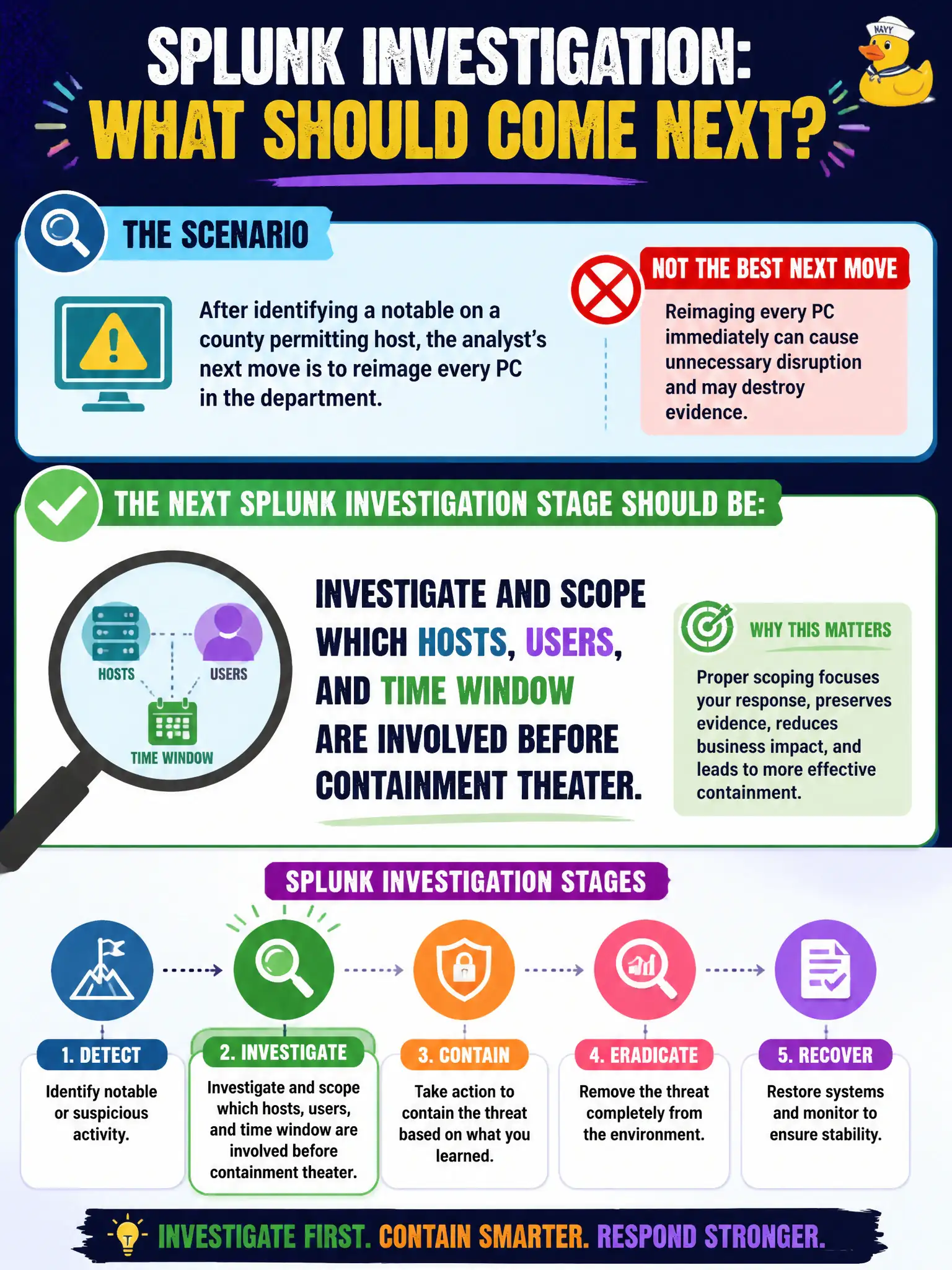 To Create an exciting colorful infographic that explains the concepts in the question: Question: After identifying a notable on a county permitting host, the analyst's next move is to reimage every PC in the department. Which Splunk investigation stage should come next instead? Correct Answer: Investigate and scope which hosts, users, and time window are involved before containment theater. Put EVERY visible label in double quotes. No people. No A/B/C/D letters. In one of the four corners put a little "Navy Duck".