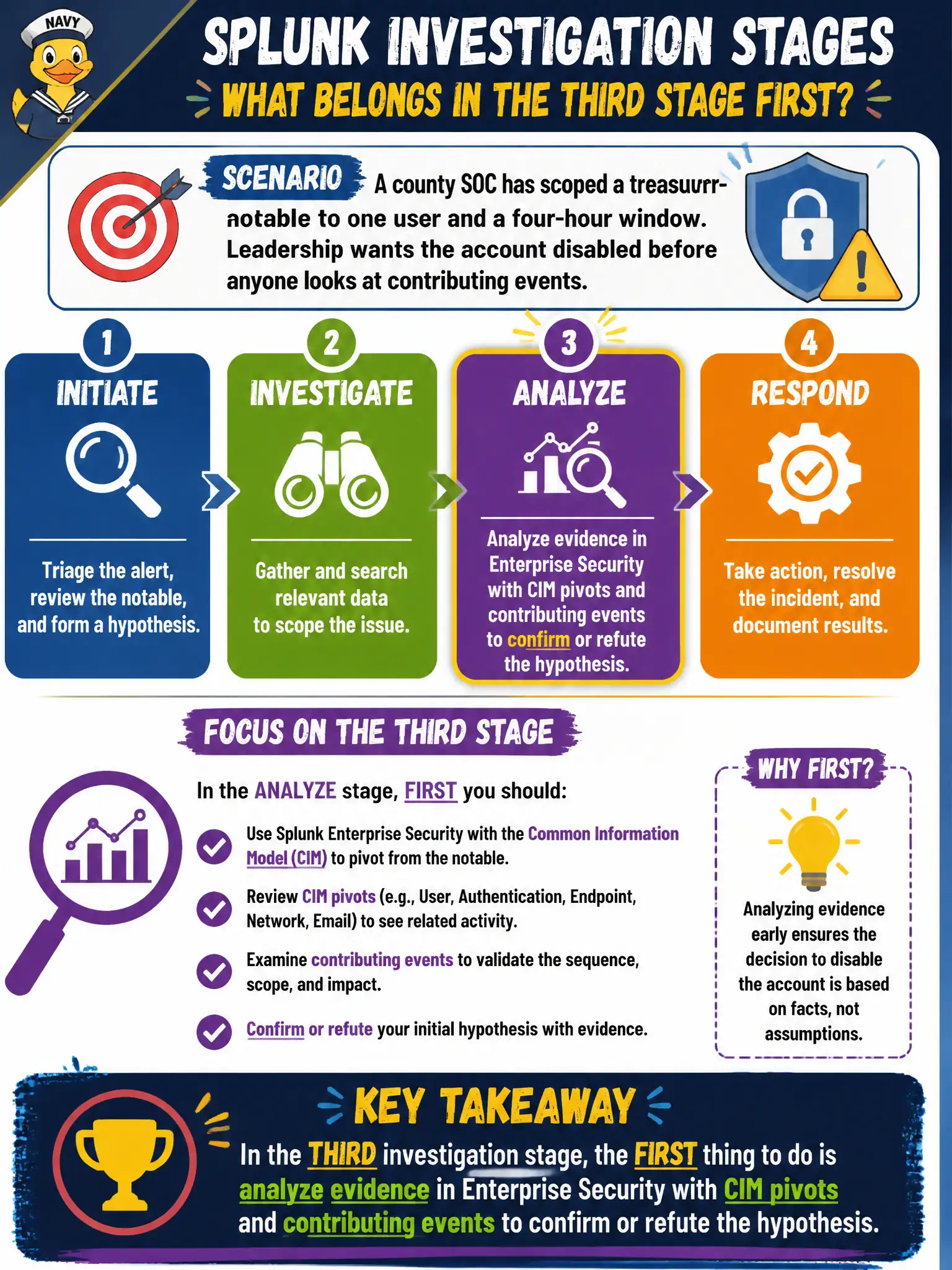 To Create an exciting colorful infographic that explains the concepts in the question: Question: A county SOC has scoped a treasurer-account notable to one user and a four-hour window. Leadership wants the account disabled before anyone looks at contributing events. What belongs in Splunk's third investigation stage first? Correct Answer: Analyze evidence in Enterprise Security with CIM pivots and contributing events to confirm or refute the hypothesis. Put EVERY visible label in double quotes. No people. No A/B/C/D letters. In one of the four corners put a little "Navy Duck".