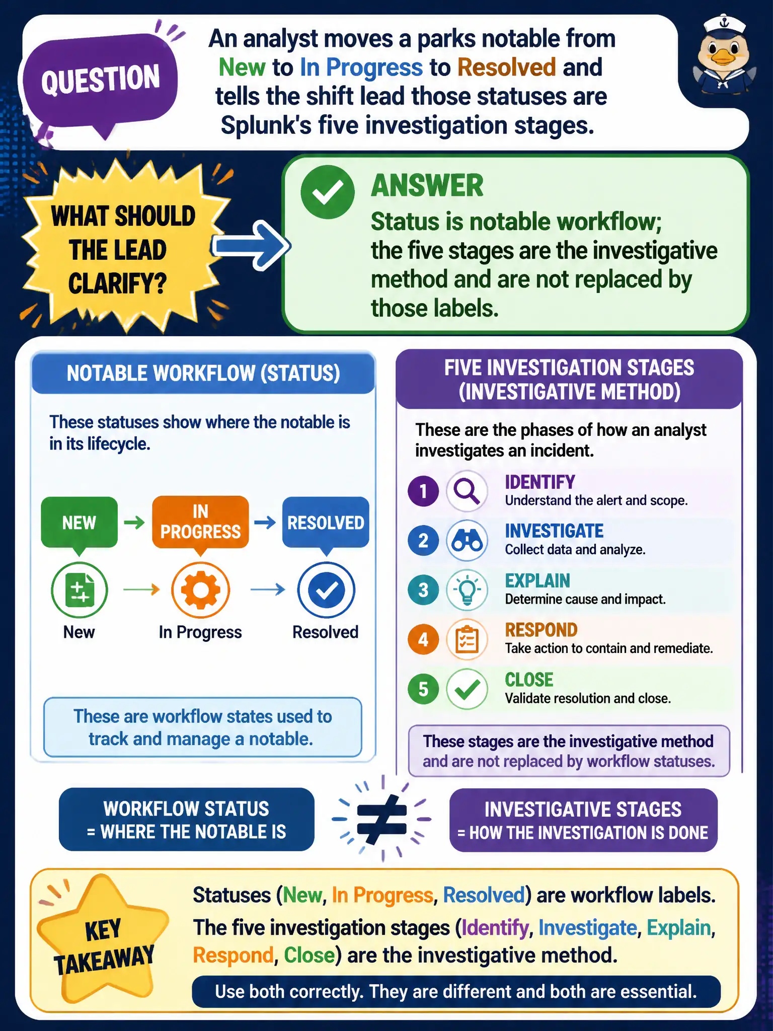 To Create an exciting colorful infographic that explains the concepts in the question: Question: An analyst moves a parks notable from New to In Progress to Resolved and tells the shift lead those statuses are Splunk's five investigation stages. What should the lead clarify? Correct Answer: Status is notable workflow; the five stages are the investigative method and are not replaced by those labels. Put EVERY visible label in double quotes. No people. No A/B/C/D letters. In one of the four corners put a little "Navy Duck".