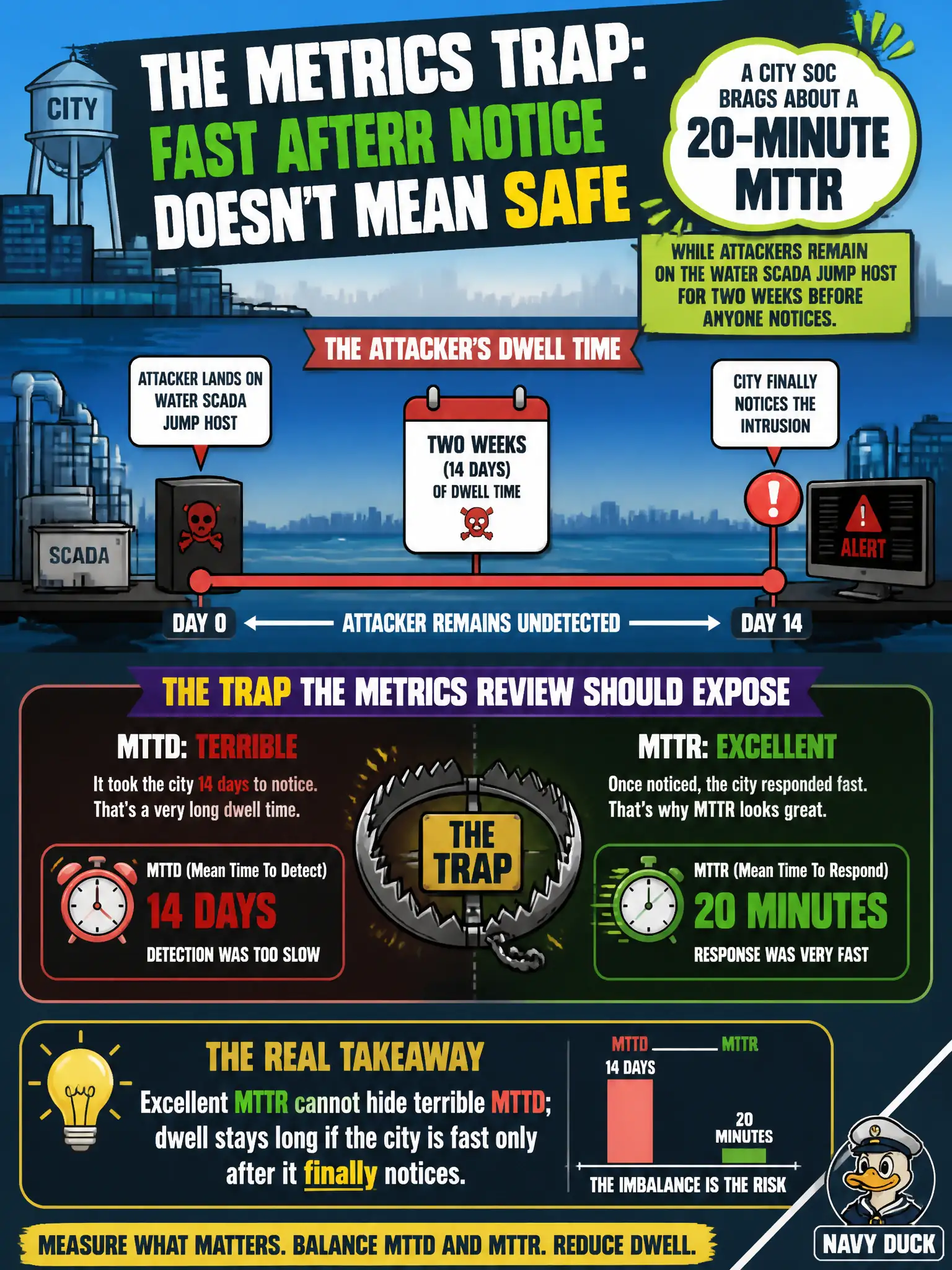 To Create an exciting colorful infographic that explains the concepts in the question: Question: A city SOC brags about a 20-minute MTTR while attackers remain on the water SCADA jump host for two weeks before anyone notices. What trap should the metrics review expose? Correct Answer: Excellent MTTR cannot hide terrible MTTD; dwell stays long if the city is fast only after it finally notices. Put EVERY visible label in double quotes. No people. No A/B/C/D letters. In one of the four corners put a little "Navy Duck".