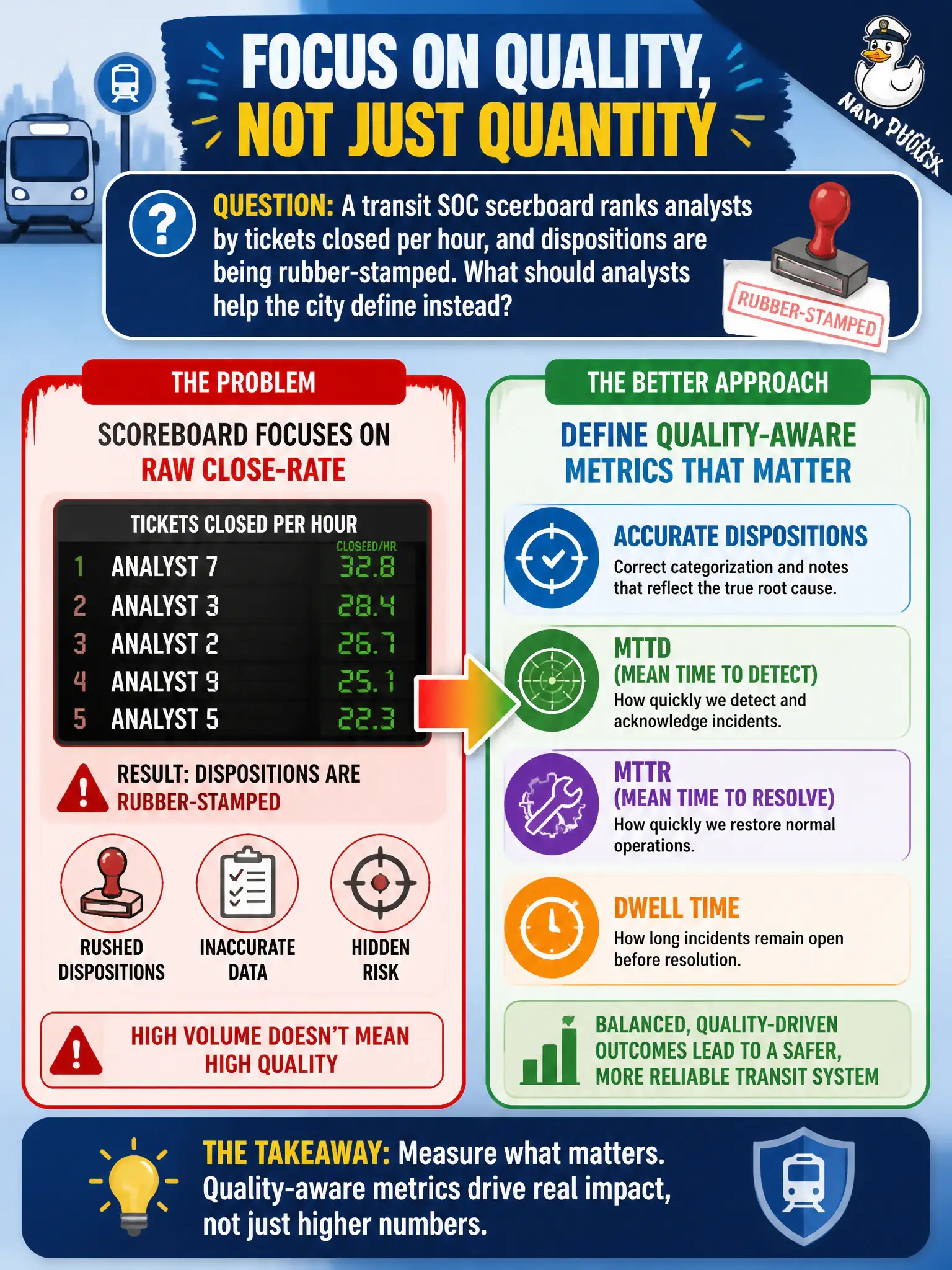 To Create an exciting colorful infographic that explains the concepts in the question: Question: A transit SOC scoreboard ranks analysts by tickets closed per hour, and dispositions are being rubber-stamped. What should analysts help the city define instead? Correct Answer: Quality-aware metrics such as accurate dispositions, MTTD, MTTR, and dwell rather than raw close-rate. Put EVERY visible label in double quotes. No people. No A/B/C/D letters. In one of the four corners put a little "Navy Duck".
