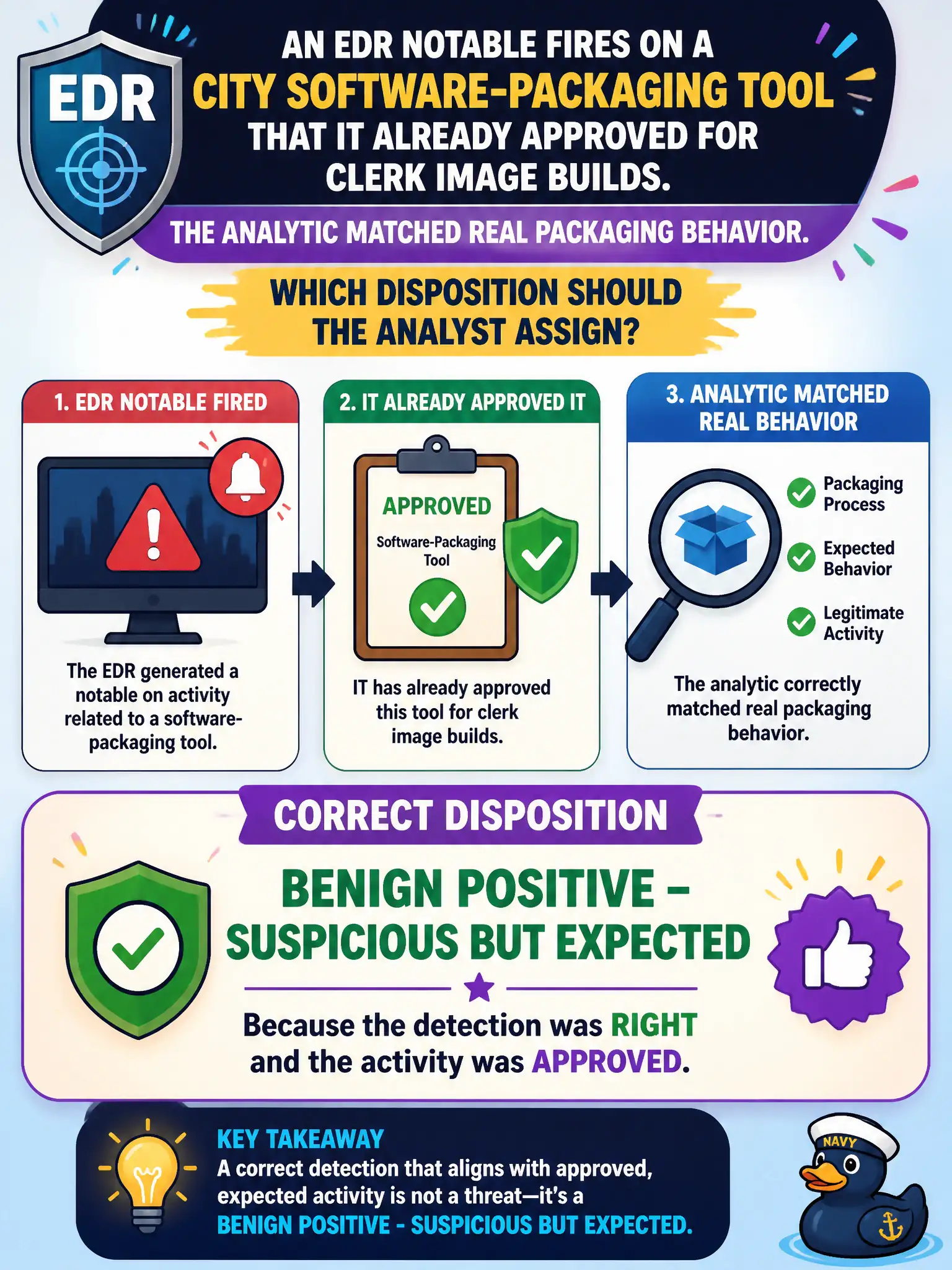 To Create an exciting colorful infographic that explains the concepts in the question: Question: An EDR notable fires on a city software-packaging tool that IT already approved for clerk image builds. The analytic matched real packaging behavior. Which disposition should the analyst assign? Correct Answer: Benign Positive - Suspicious But Expected, because the detection was right and the activity was approved. Put EVERY visible label in double quotes. No people. No A/B/C/D letters. In one of the four corners put a little "Navy Duck".