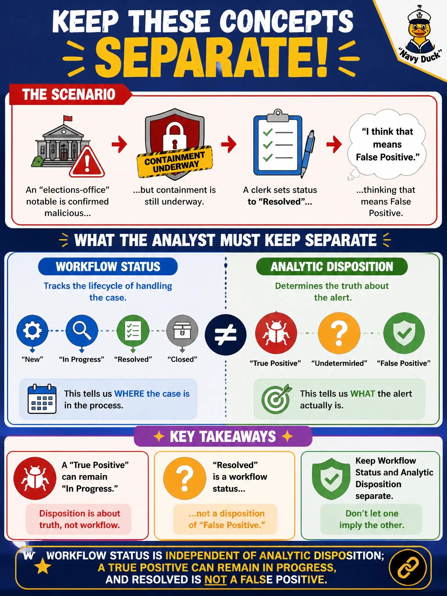 To Create an exciting colorful infographic that explains the concepts in the question: Question: An elections-office notable is confirmed malicious, but containment is still underway. A clerk sets status to Resolved, thinking that means False Positive. What should the analyst keep separate? Correct Answer: Workflow status is independent of analytic disposition; a True Positive can remain In Progress, and Resolved is not a False Positive. Put EVERY visible label in double quotes. No people. No A/B/C/D letters. In one of the four corners put a little "Navy Duck".