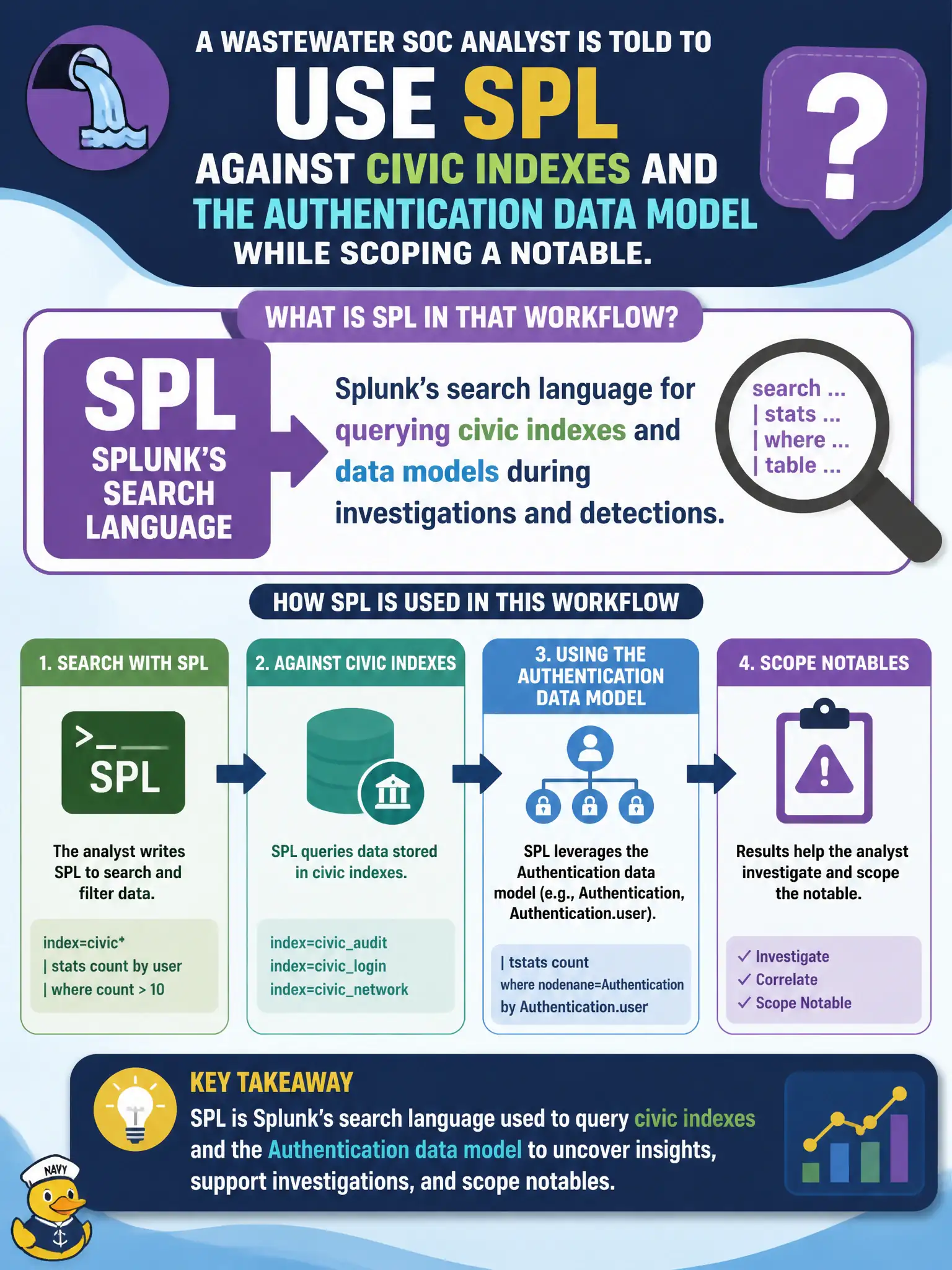 To Create an exciting colorful infographic that explains the concepts in the question: Question: A wastewater SOC analyst is told to use SPL against civic indexes and the Authentication data model while scoping a notable. What is SPL in that workflow? Correct Answer: Splunk's search language for querying civic indexes and data models during investigations and detections. Put EVERY visible label in double quotes. No people. No A/B/C/D letters. In one of the four corners put a little "Navy Duck".