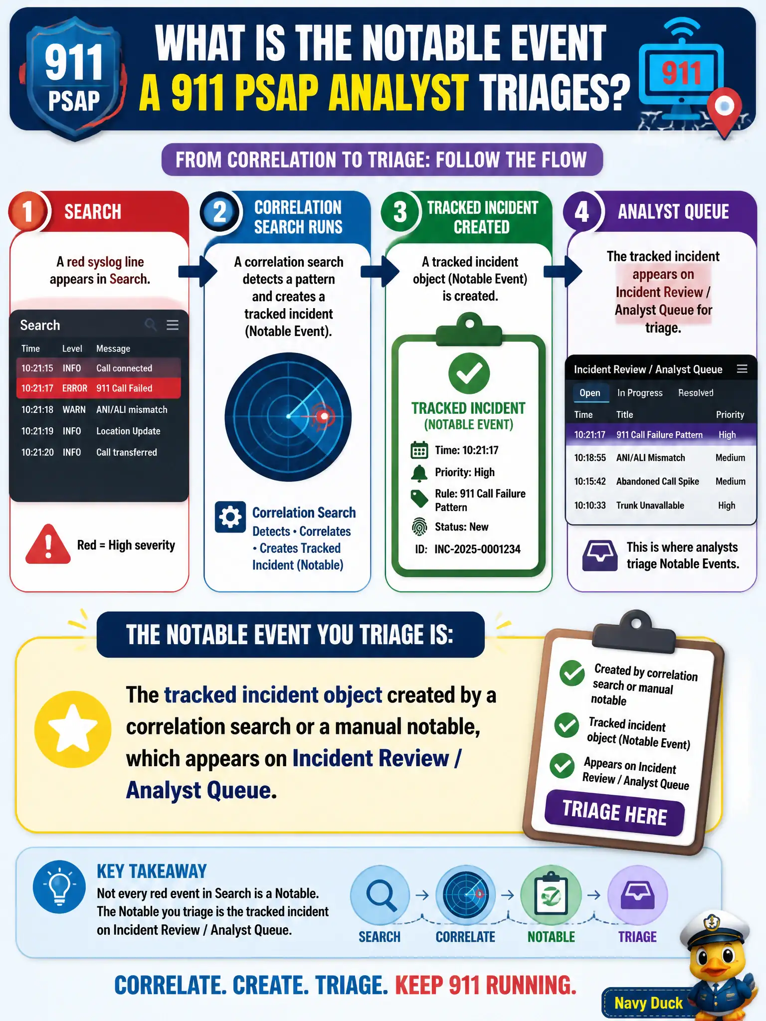 To Create an exciting colorful infographic that explains the concepts in the question: Question: A 911 PSAP analyst has a red syslog line in Search and a tracked item on Analyst Queue after a correlation search ran. Which object is the Notable Event they triage? Correct Answer: The tracked incident object created by a correlation search or a manual notable, which appears on Incident Review / Analyst Queue. Put EVERY visible label in double quotes. No people. No A/B/C/D letters. In one of the four corners put a little "Navy Duck".