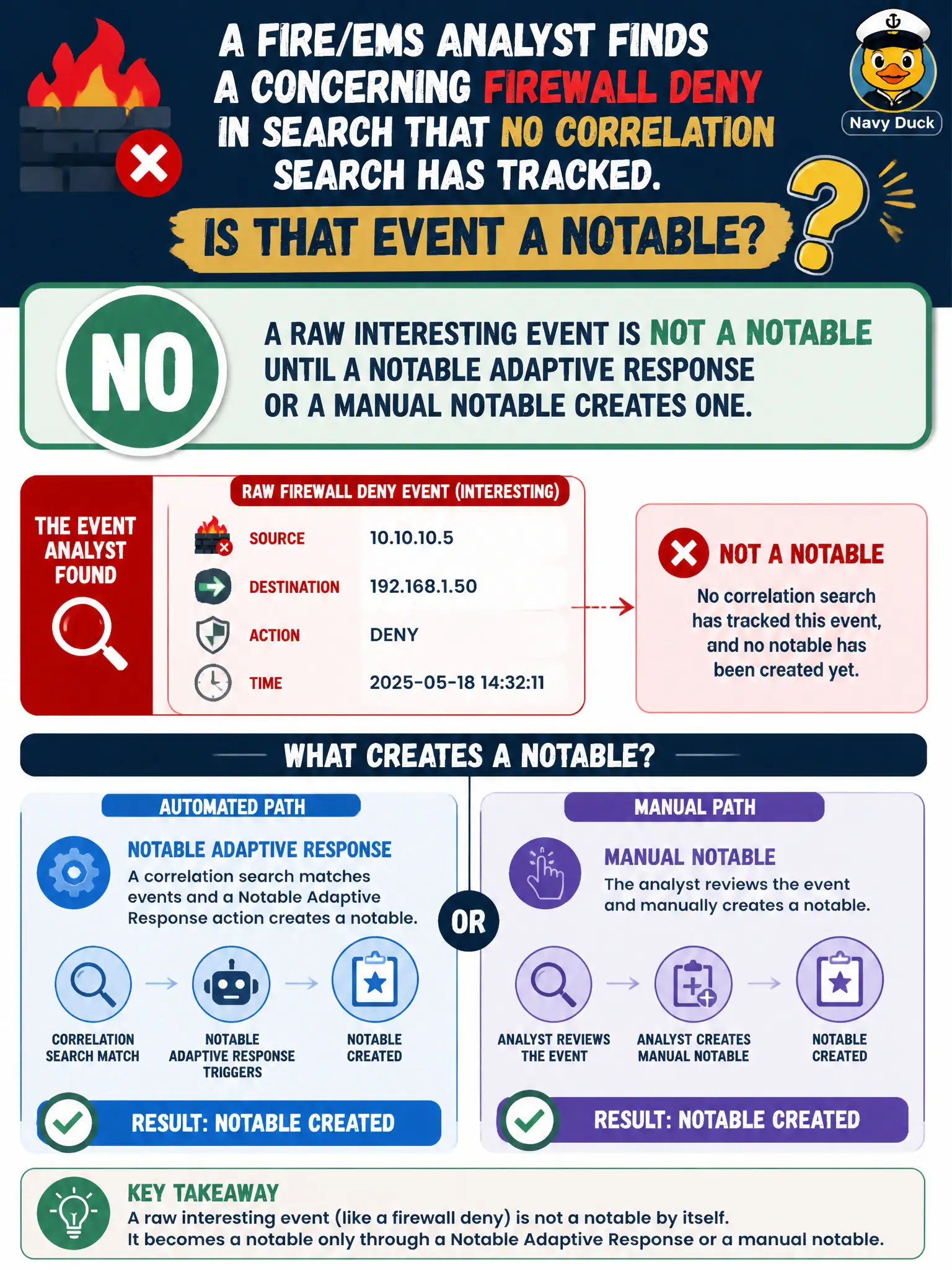 To Create an exciting colorful infographic that explains the concepts in the question: Question: A fire/EMS analyst finds a concerning firewall deny in Search that no correlation search has tracked. Is that event a notable? Correct Answer: No; a raw interesting event is not a notable until a notable Adaptive Response or a manual notable creates one. Put EVERY visible label in double quotes. No people. No A/B/C/D letters. In one of the four corners put a little "Navy Duck".