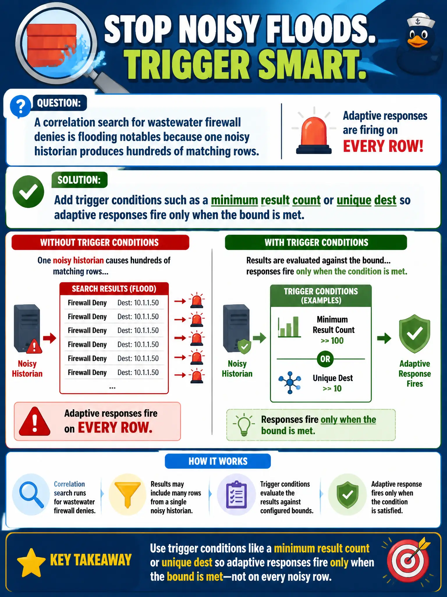 To Create an exciting colorful infographic that explains the concepts in the question: Question: A correlation search for wastewater firewall denies is flooding notables because one noisy historian produces hundreds of matching rows. What should be configured on the search so adaptive responses do not fire on every row? Correct Answer: Add trigger conditions such as a minimum result count or unique dest so adaptive responses fire only when the bound is met. Put EVERY visible label in double quotes. No people. No A/B/C/D letters. In one of the four corners put a little "Navy Duck".