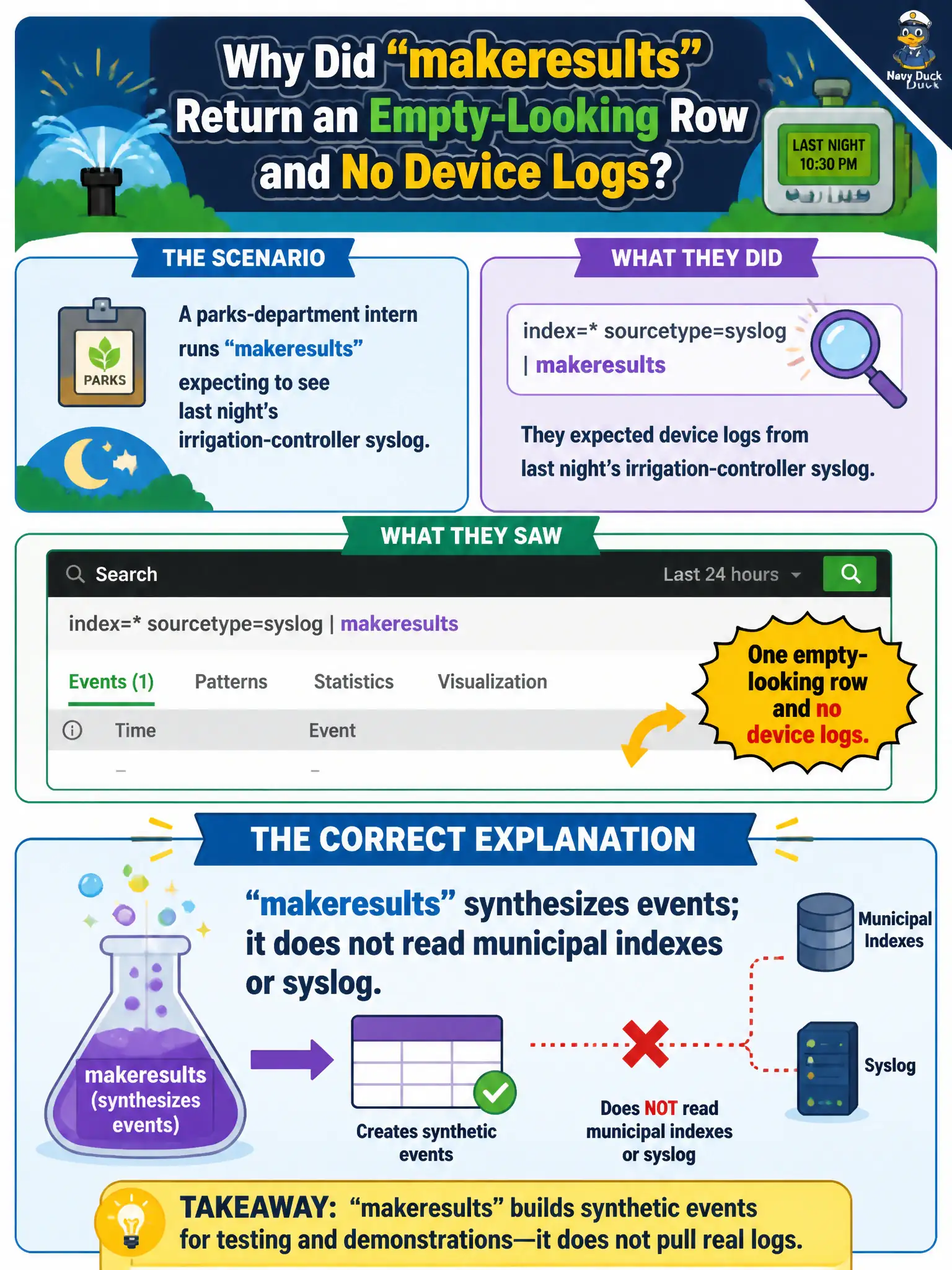To Create an exciting colorful infographic that explains the concepts in the question: Question: A parks-department intern runs makeresults expecting to see last night's irrigation-controller syslog. The search returns one empty-looking row and no device logs. What is the correct explanation? Correct Answer: makeresults synthesizes events; it does not read municipal indexes or syslog. Put EVERY visible label in double quotes. No people. No A/B/C/D letters. In one of the four corners put a little "Navy Duck".