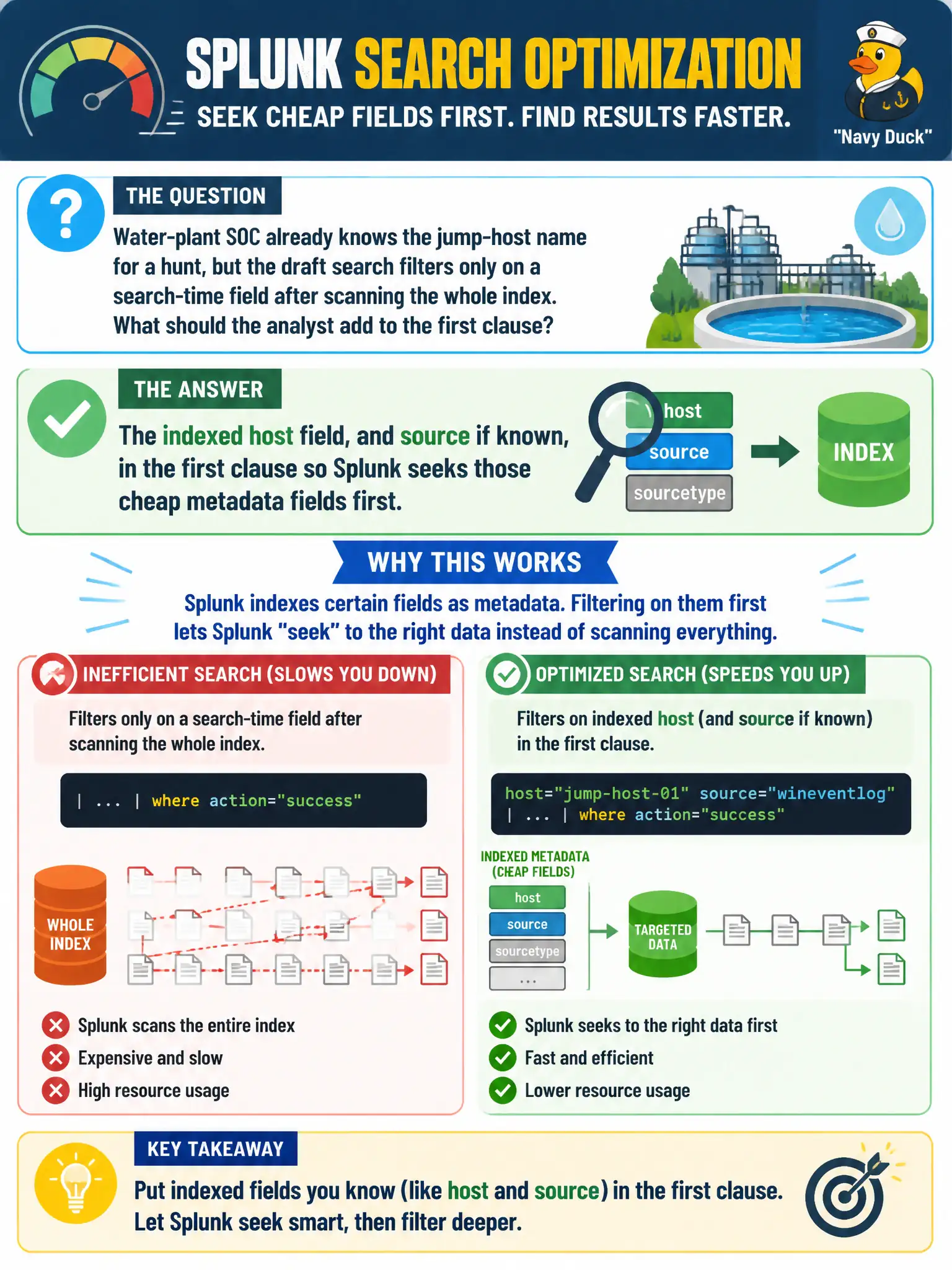 To Create an exciting colorful infographic that explains the concepts in the question: Question: Water-plant SOC already knows the jump-host name for a hunt, but the draft search filters only on a search-time field after scanning the whole index. What should the analyst add to the first clause? Correct Answer: The indexed host field, and source if known, in the first clause so Splunk seeks those cheap metadata fields first. Put EVERY visible label in double quotes. No people. No A/B/C/D letters. In one of the four corners put a little "Navy Duck".