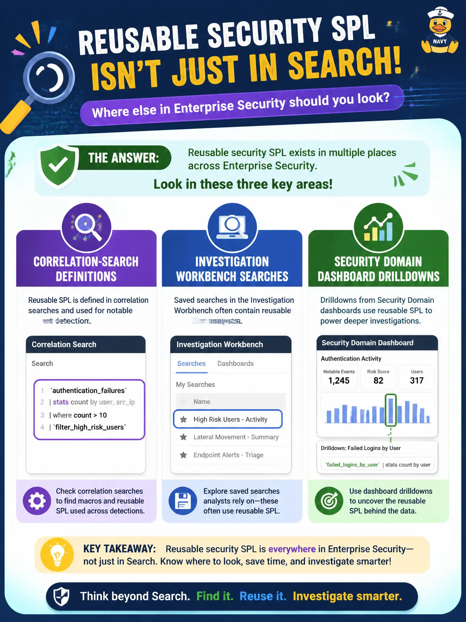 To Create an exciting colorful infographic that explains the concepts in the question: Question: A new courts-SOC analyst thinks reusable security SPL exists only in the Search app. Where else in Enterprise Security should they look? Correct Answer: Correlation-search definitions, investigation workbench searches, and Security Domain dashboard drilldowns. Put EVERY visible label in double quotes. No people. No A/B/C/D letters. In one of the four corners put a little "Navy Duck".