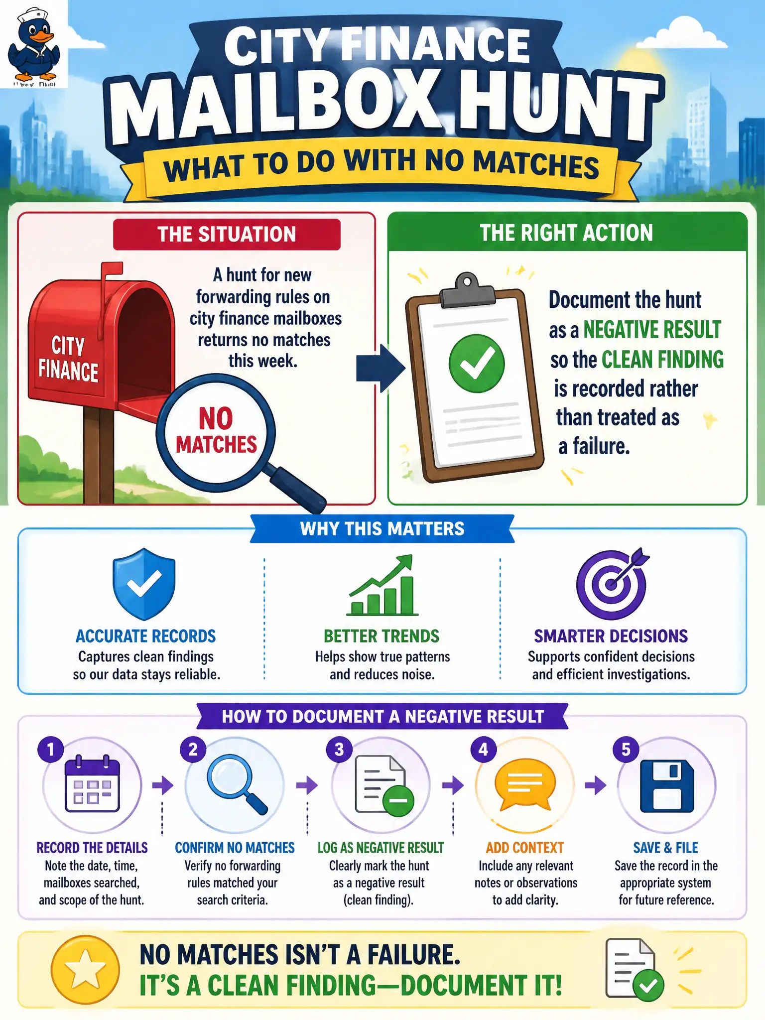 To Create an exciting colorful infographic that explains the concepts in the question: Question: A hunt for new forwarding rules on city finance mailboxes returns no matches this week. What should the analyst do with that outcome? Correct Answer: Document the hunt as a negative result so the clean finding is recorded rather than treated as a failure Put EVERY visible label in double quotes. No people. No A/B/C/D letters. In one of the four corners put a little "Navy Duck".