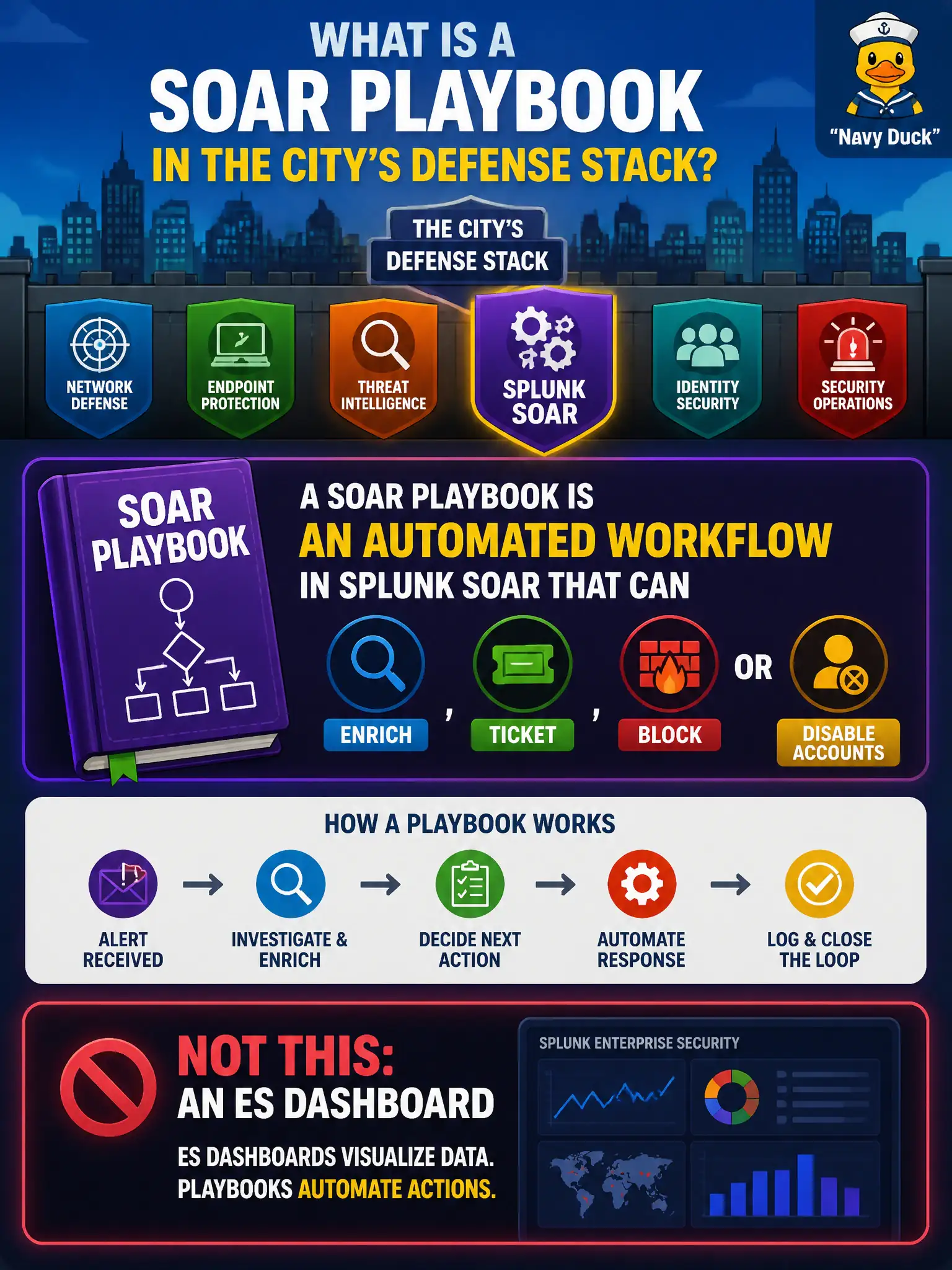 To Create an exciting colorful infographic that explains the concepts in the question: Question: A new analyst asks what a SOAR playbook is in the city's defense stack. What is the accurate description? Correct Answer: An automated workflow in Splunk SOAR that can enrich, ticket, block, or disable accounts—not an ES dashboard Put EVERY visible label in double quotes. No people. No A/B/C/D letters. In one of the four corners put a little "Navy Duck".