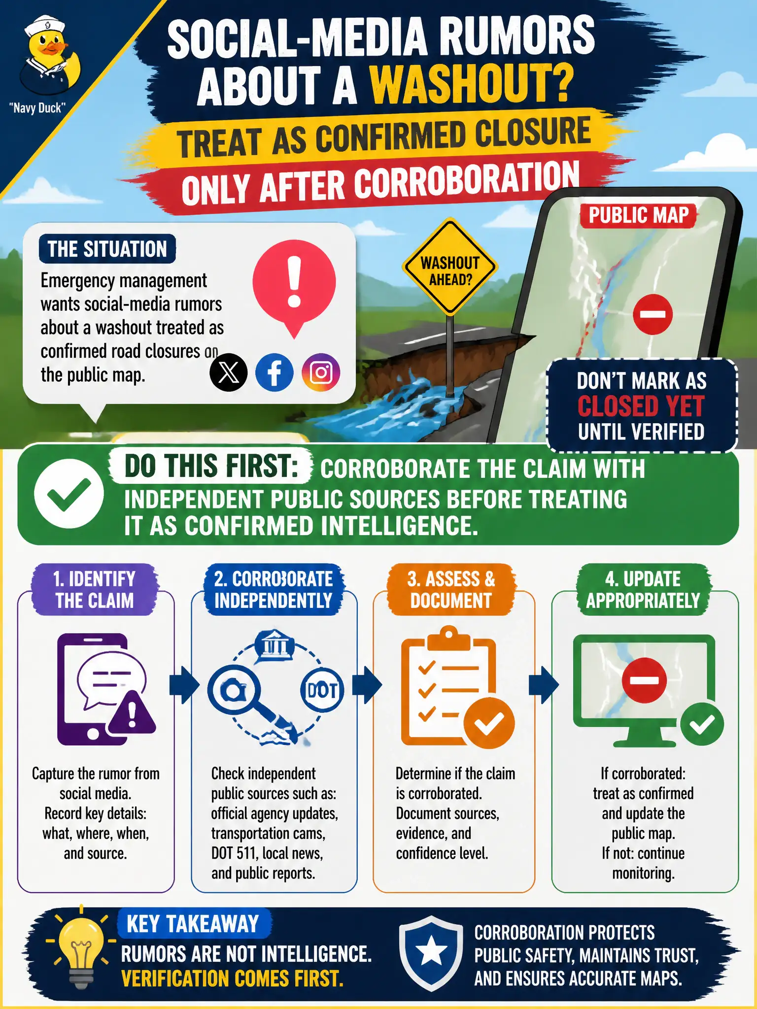 To Create an exciting colorful infographic that explains the concepts in the question: Question: Emergency management wants social-media rumors about a washout treated as confirmed road closures on the public map. What should the OSINT analyst do first? Correct Answer: Corroborate the claim with independent public sources before treating it as confirmed intelligence. Put EVERY visible label in double quotes. No people. No A/B/C/D letters. In one of the four corners put a little "Navy Duck".