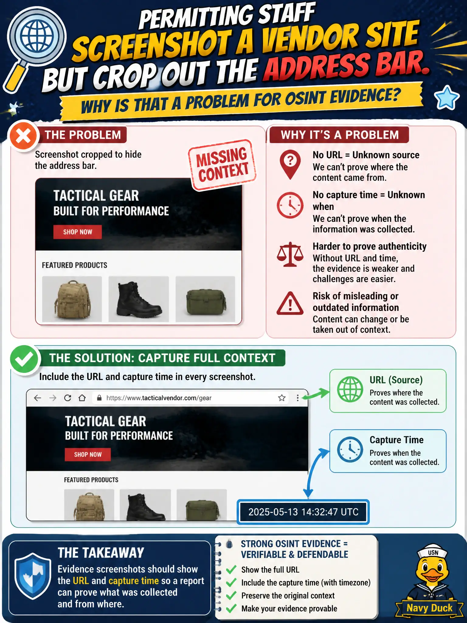 To Create an exciting colorful infographic that explains the concepts in the question: Question: Permitting staff screenshot a vendor site but crop out the address bar. Why is that a problem for OSINT evidence? Correct Answer: Evidence screenshots should show the URL and capture time so a report can prove what was collected and from where. Put EVERY visible label in double quotes. No people. No A/B/C/D letters. In one of the four corners put a little "Navy Duck".