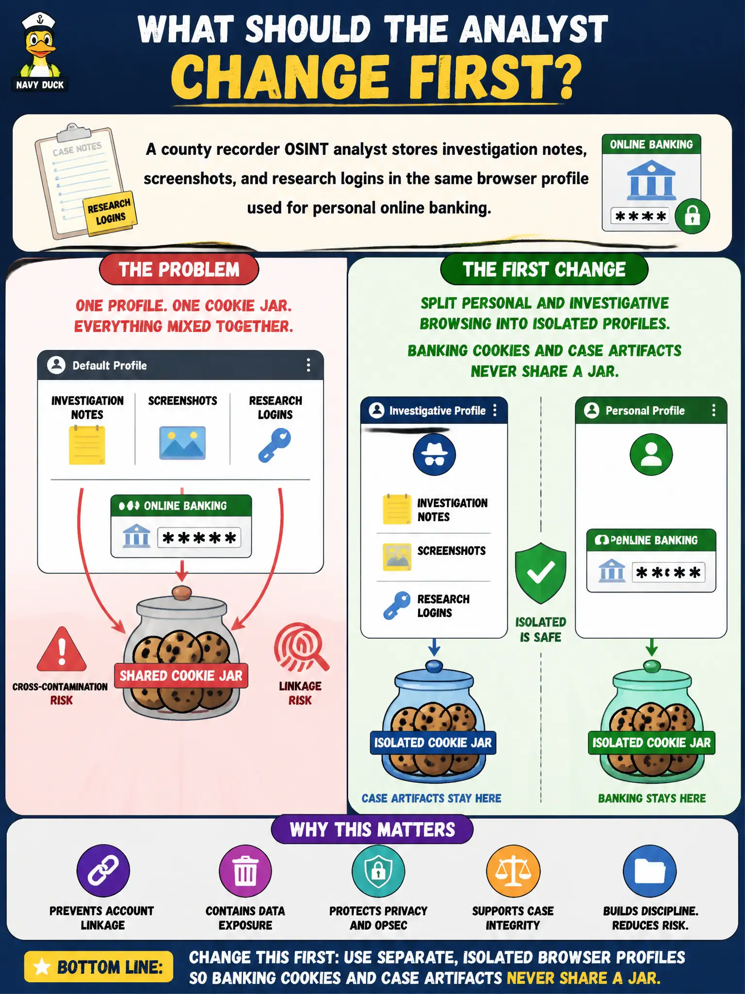 To Create an exciting colorful infographic that explains the concepts in the question: Question: A county recorder OSINT analyst stores investigation notes, screenshots, and research logins in the same browser profile used for personal online banking. What should the analyst change first? Correct Answer: Split personal and investigative browsing into isolated profiles so banking cookies and case artifacts never share a jar. Put EVERY visible label in double quotes. No people. No A/B/C/D letters. In one of the four corners put a little "Navy Duck".