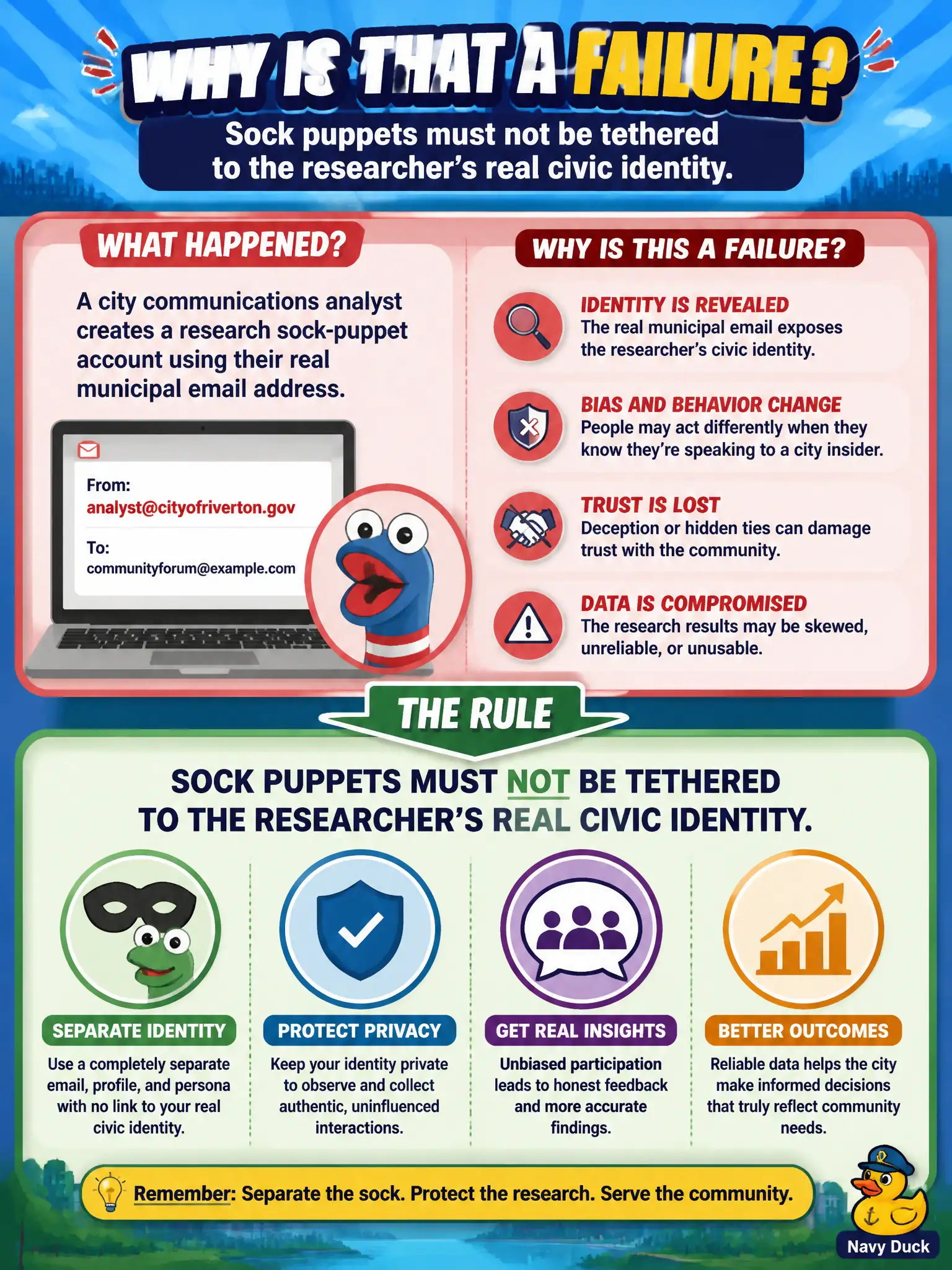 To Create an exciting colorful infographic that explains the concepts in the question: Question: A city communications analyst creates a research sock-puppet account using their real municipal email address. Why is that a failure? Correct Answer: Sock puppets must not be tethered to the researcher's real civic identity. Put EVERY visible label in double quotes. No people. No A/B/C/D letters. In one of the four corners put a little "Navy Duck".