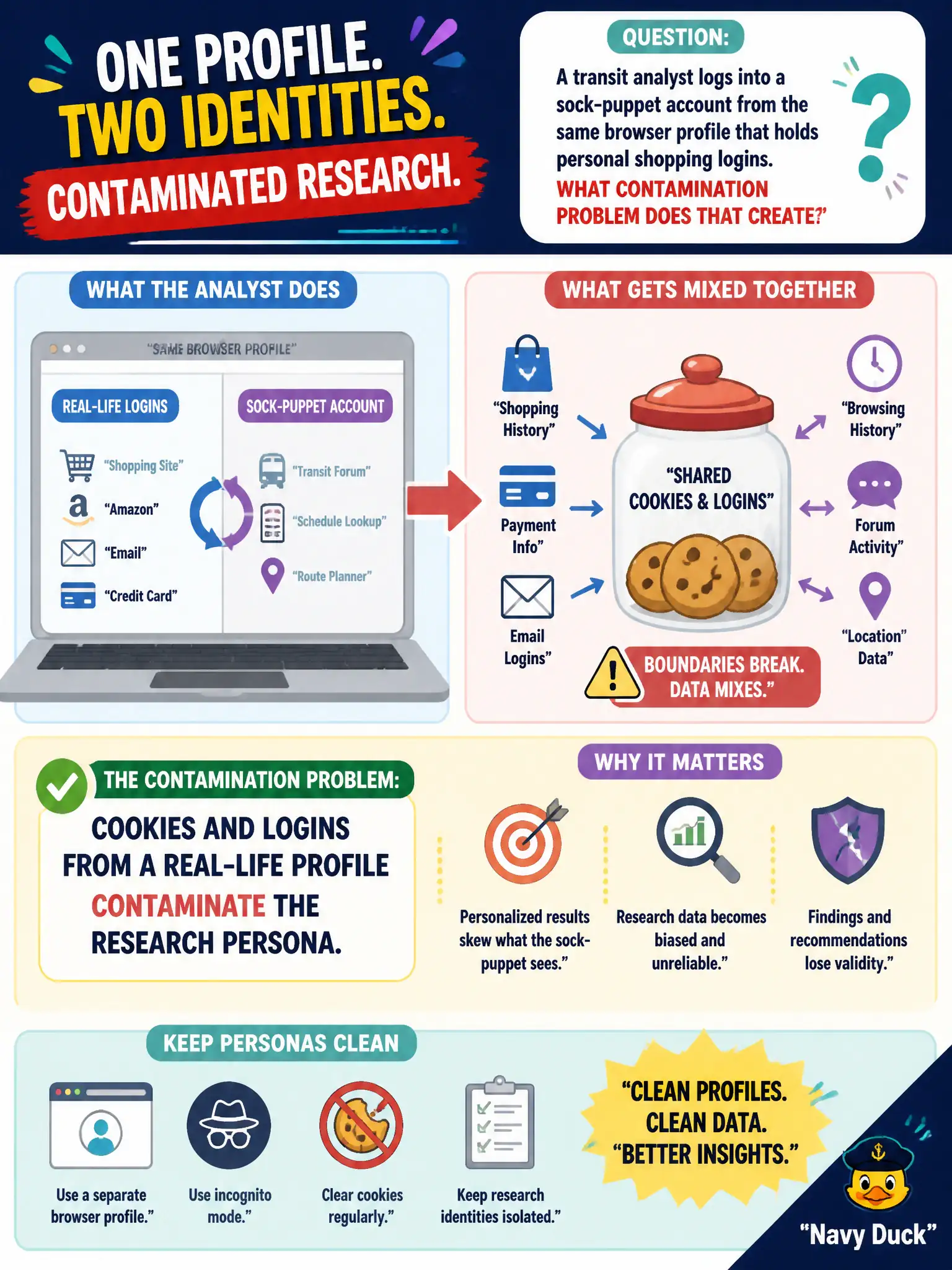 To Create an exciting colorful infographic that explains the concepts in the question: Question: A transit analyst logs into a sock-puppet account from the same browser profile that holds personal shopping logins. What contamination problem does that create? Correct Answer: Cookies and logins from a real-life profile contaminate the research persona. Put EVERY visible label in double quotes. No people. No A/B/C/D letters. In one of the four corners put a little "Navy Duck".