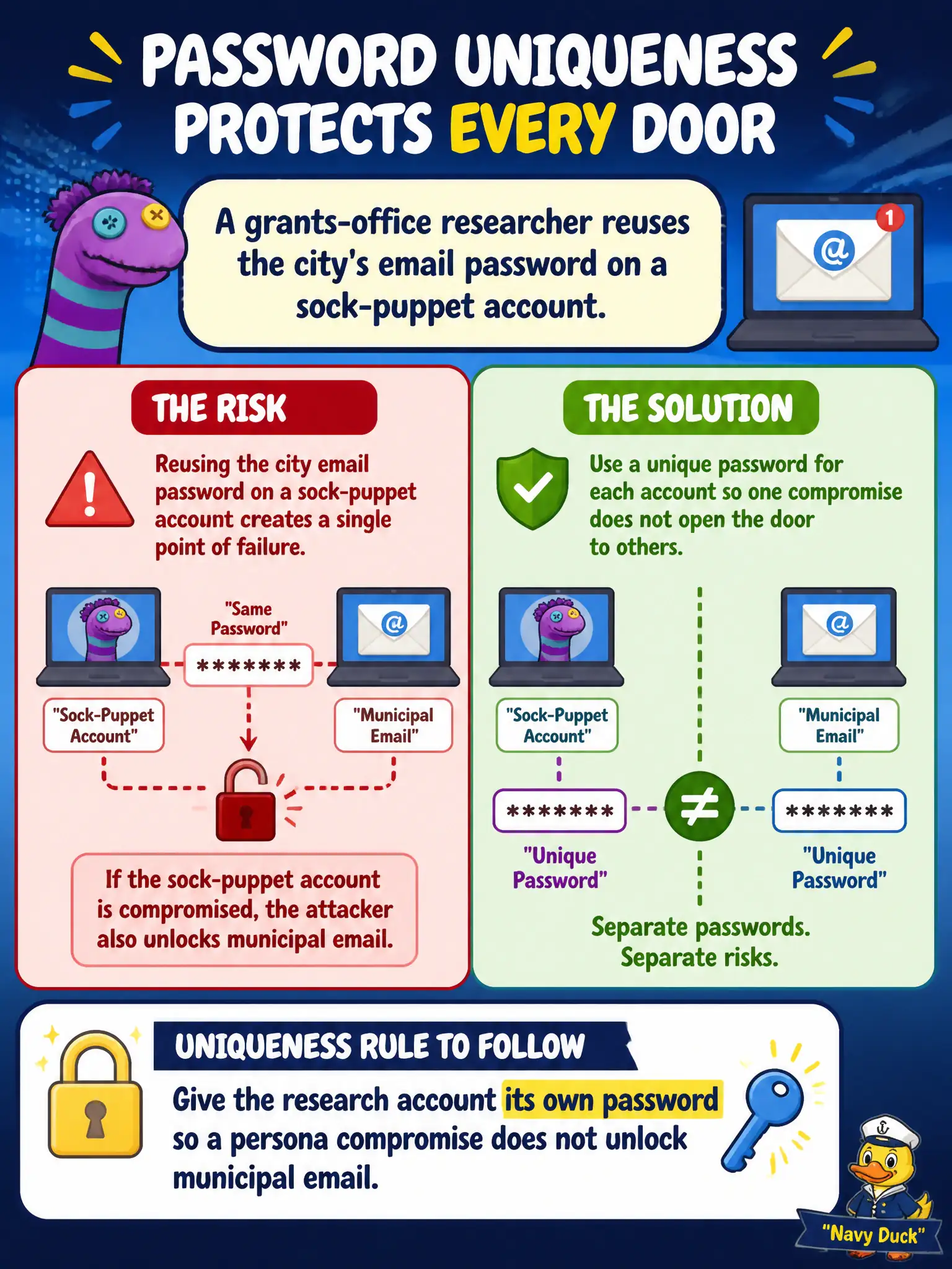 To Create an exciting colorful infographic that explains the concepts in the question: Question: A grants-office researcher reuses the city's email password on a sock-puppet account. What uniqueness rule should they follow? Correct Answer: Give the research account its own password so a persona compromise does not unlock municipal email. Put EVERY visible label in double quotes. No people. No A/B/C/D letters. In one of the four corners put a little "Navy Duck".