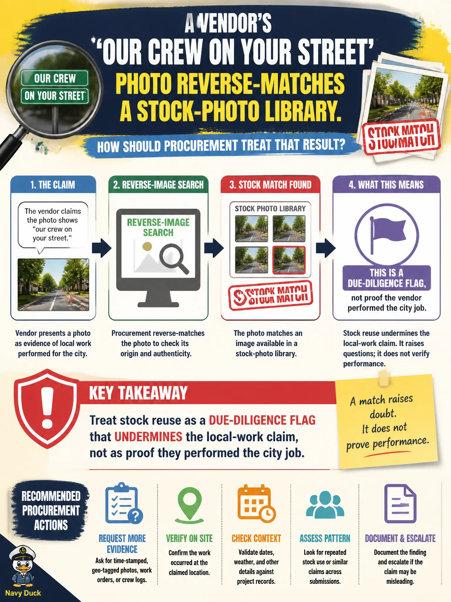To Create an exciting colorful infographic that explains the concepts in the question: Question: A vendor's 'our crew on your street' photo reverse-matches a stock-photo library. How should procurement treat that result? Correct Answer: Treat stock reuse as a due-diligence flag that undermines the local-work claim, not as proof they performed the city job. Put EVERY visible label in double quotes. No people. No A/B/C/D letters. In one of the four corners put a little "Navy Duck".