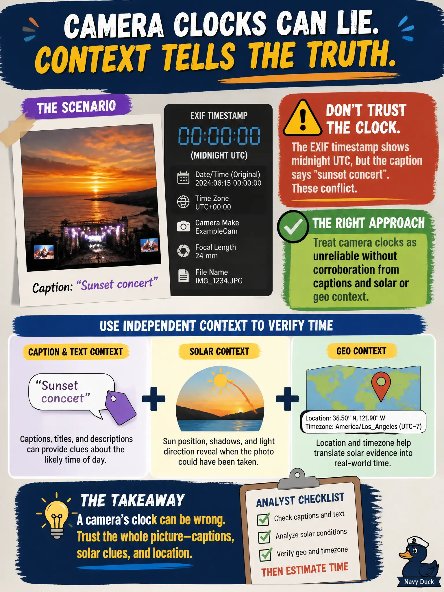 To Create an exciting colorful infographic that explains the concepts in the question: Question: A tourism photo's EXIF timestamp is midnight UTC while the caption says sunset concert. How should the analyst treat the camera clock? Correct Answer: Treat camera clocks as unreliable without corroboration from captions and solar or geo context. Put EVERY visible label in double quotes. No people. No A/B/C/D letters. In one of the four corners put a little "Navy Duck".