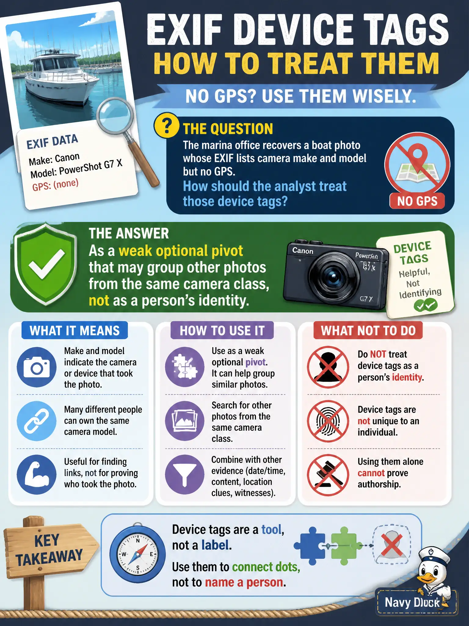 To Create an exciting colorful infographic that explains the concepts in the question: Question: The marina office recovers a boat photo whose EXIF lists camera make and model but no GPS. How should the analyst treat those device tags? Correct Answer: As a weak optional pivot that may group other photos from the same camera class, not as a person’s identity. Put EVERY visible label in double quotes. No people. No A/B/C/D letters. In one of the four corners put a little "Navy Duck".