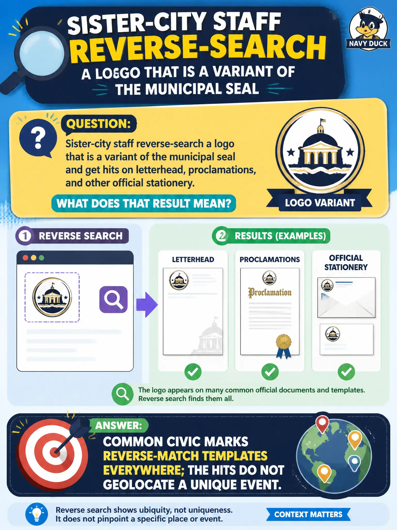To Create an exciting colorful infographic that explains the concepts in the question: Question: Sister-city staff reverse-search a logo that is a variant of the municipal seal and get hits on letterhead, proclamations, and other official stationery. What does that result mean? Correct Answer: Common civic marks reverse-match templates everywhere; the hits do not geolocate a unique event. Put EVERY visible label in double quotes. No people. No A/B/C/D letters. In one of the four corners put a little "Navy Duck".