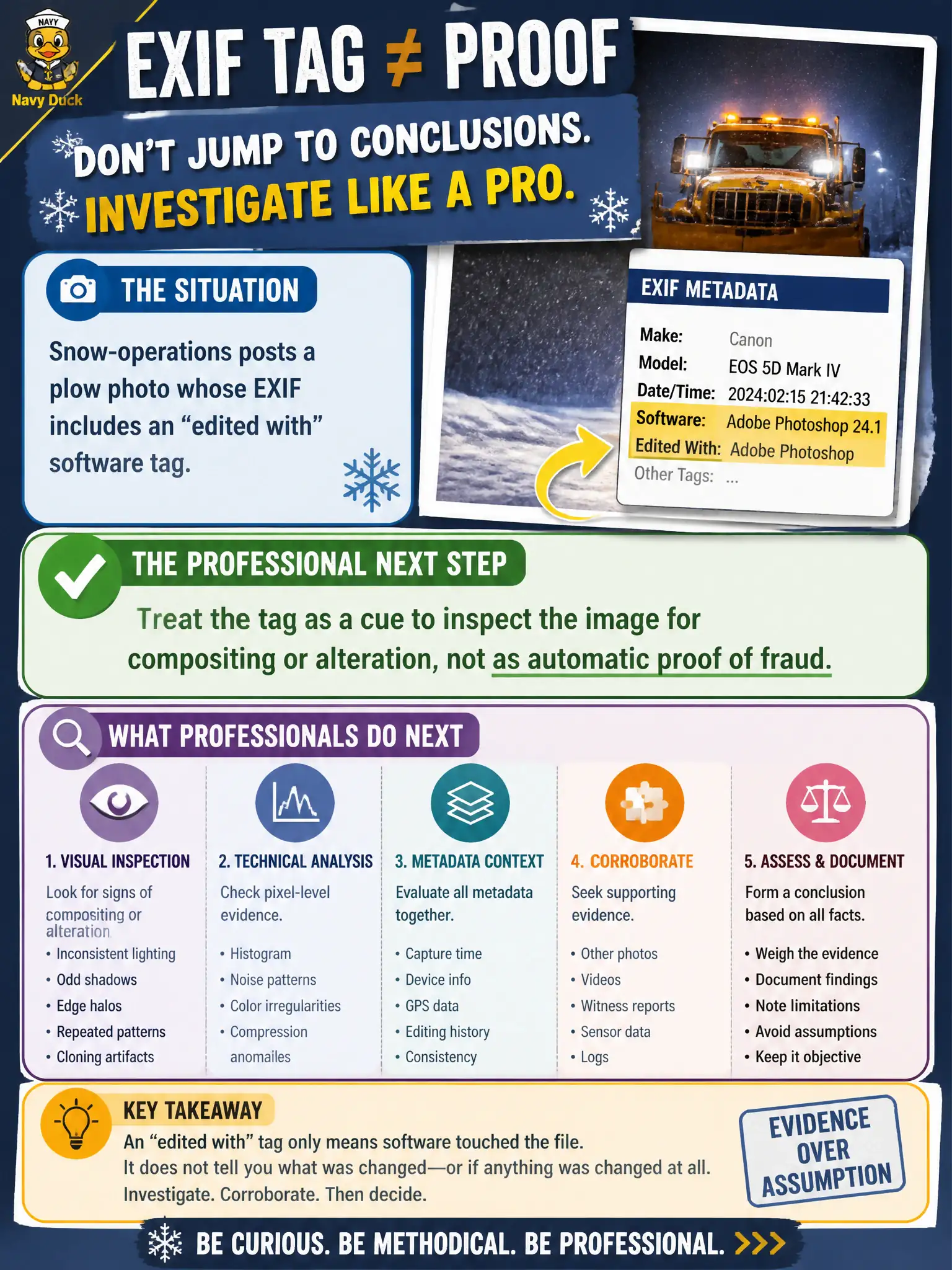To Create an exciting colorful infographic that explains the concepts in the question: Question: Snow-operations posts a plow photo whose EXIF includes an “edited with” software tag. What is the professional next step? Correct Answer: Treat the tag as a cue to inspect the image for compositing or alteration, not as automatic proof of fraud. Put EVERY visible label in double quotes. No people. No A/B/C/D letters. In one of the four corners put a little "Navy Duck".