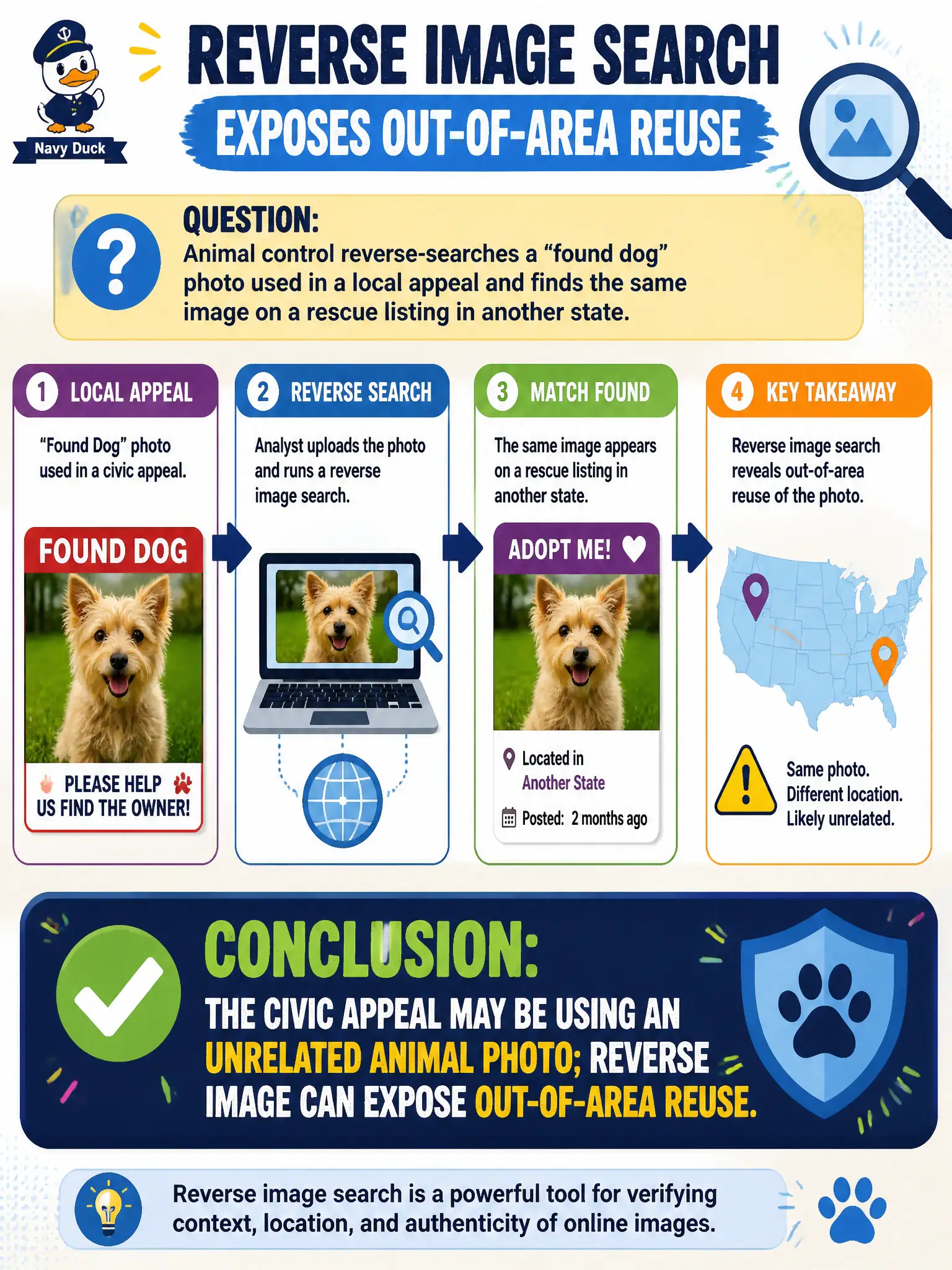 To Create an exciting colorful infographic that explains the concepts in the question: Question: Animal control reverse-searches a “found dog” photo used in a local appeal and finds the same image on a rescue listing in another state. What should the analyst conclude? Correct Answer: The civic appeal may be using an unrelated animal photo; reverse image can expose out-of-area reuse. Put EVERY visible label in double quotes. No people. No A/B/C/D letters. In one of the four corners put a little "Navy Duck".
