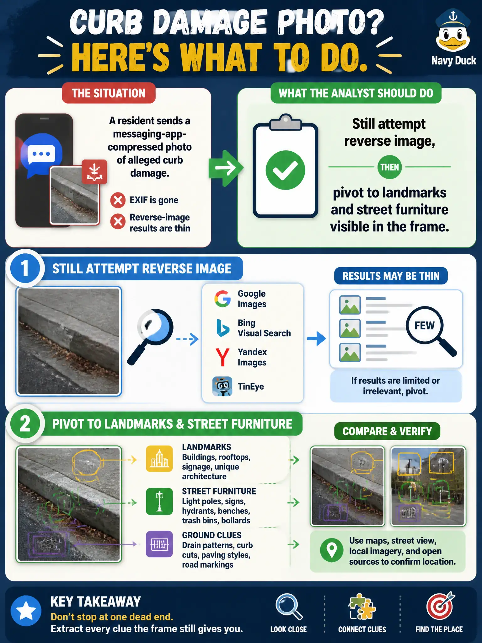 To Create an exciting colorful infographic that explains the concepts in the question: Question: A resident sends a messaging-app-compressed photo of alleged curb damage. EXIF is gone and reverse-image results are thin. What should the analyst do? Correct Answer: Still attempt reverse image, then pivot to landmarks and street furniture visible in the frame. Put EVERY visible label in double quotes. No people. No A/B/C/D letters. In one of the four corners put a little "Navy Duck".