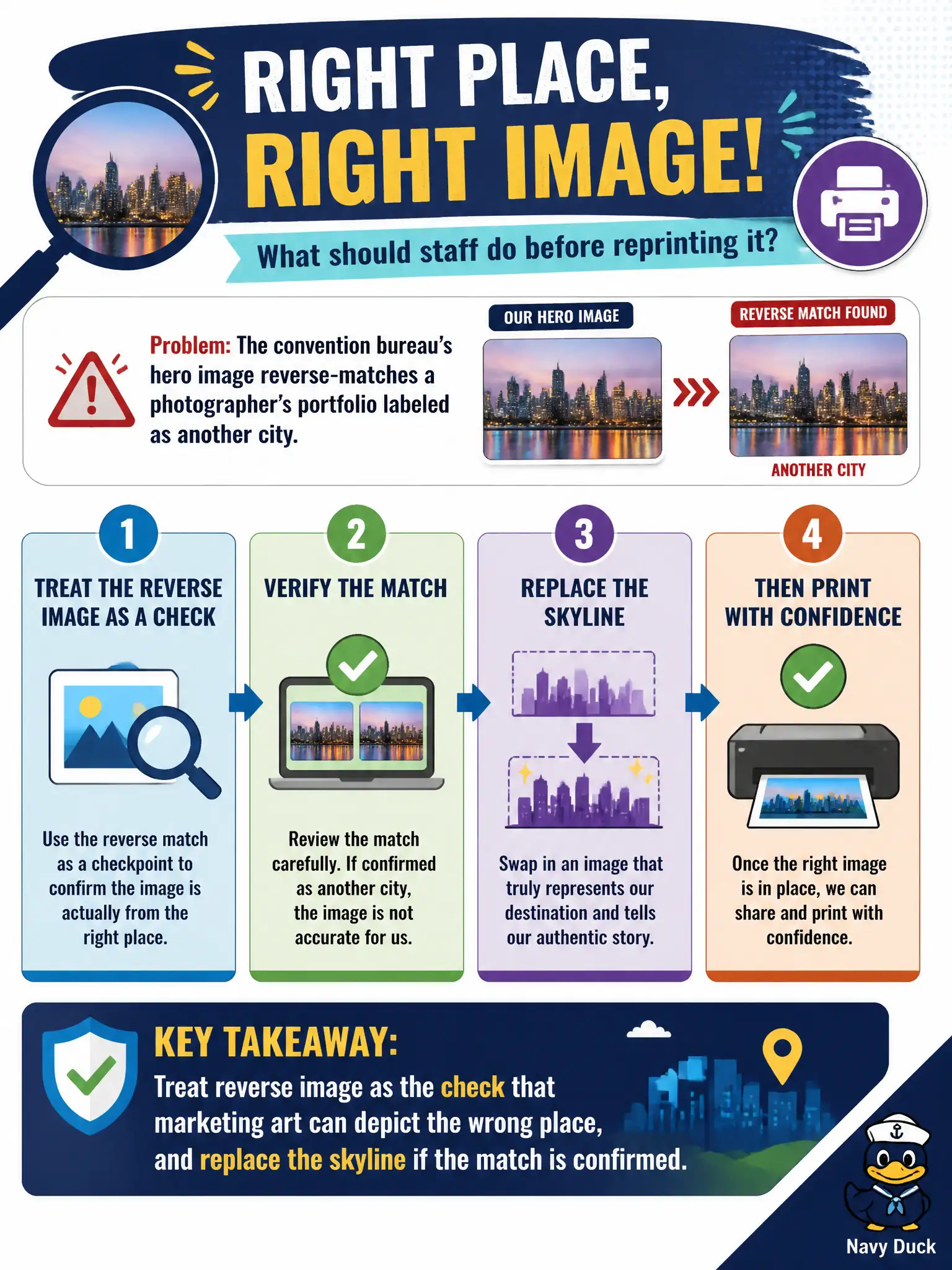 To Create an exciting colorful infographic that explains the concepts in the question: Question: The convention bureau’s hero image reverse-matches a photographer’s portfolio labeled as another city. What should staff do before reprinting it? Correct Answer: Treat reverse image as the check that marketing art can depict the wrong place, and replace the skyline if the match is confirmed. Put EVERY visible label in double quotes. No people. No A/B/C/D letters. In one of the four corners put a little "Navy Duck".