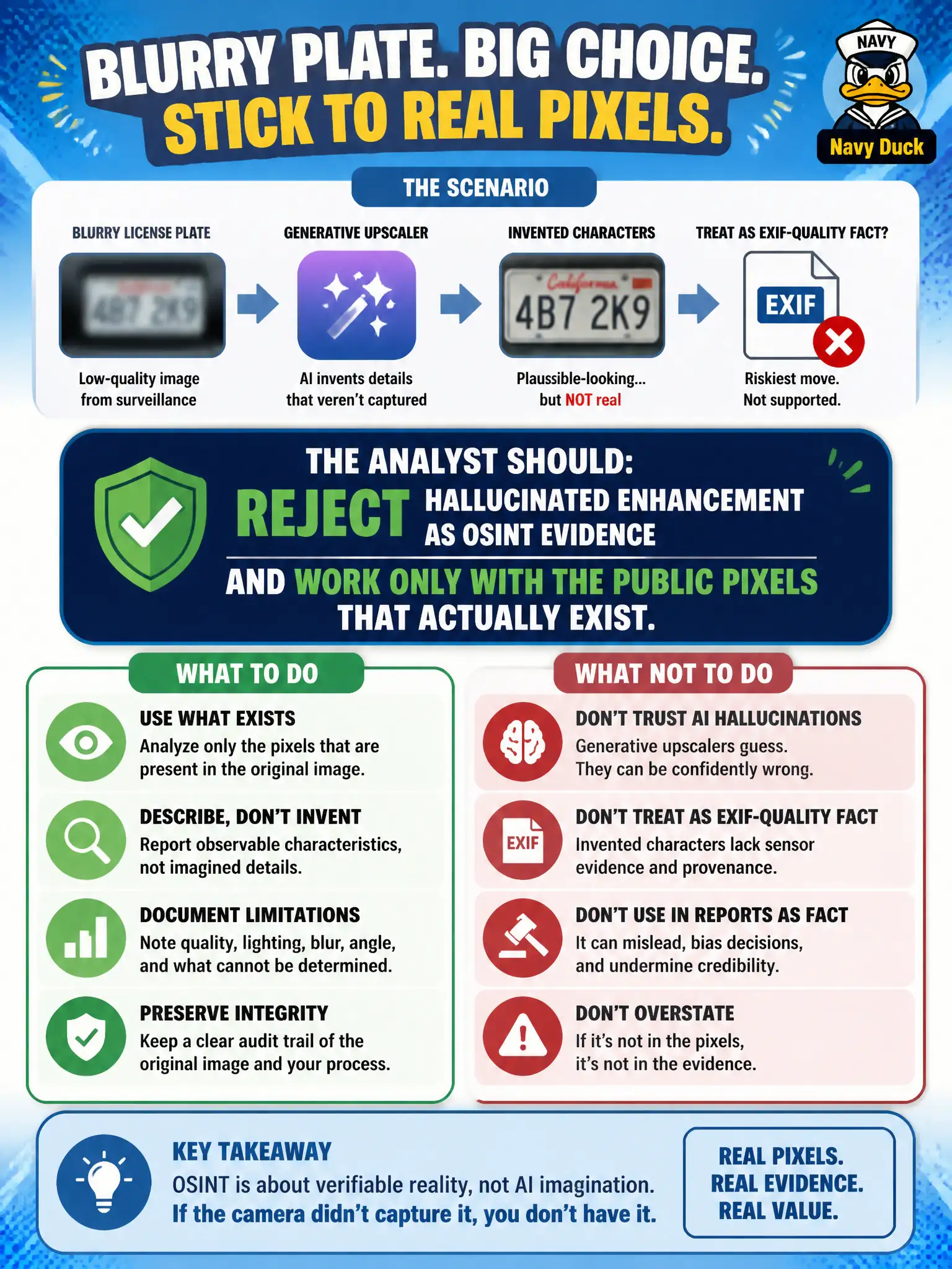 To Create an exciting colorful infographic that explains the concepts in the question: Question: Code enforcement wants to run a blurry license plate through a generative upscaler and treat the invented characters as EXIF-quality fact. What should the analyst do? Correct Answer: Reject hallucinated enhancement as OSINT evidence and work only with the public pixels that actually exist. Put EVERY visible label in double quotes. No people. No A/B/C/D letters. In one of the four corners put a little "Navy Duck".