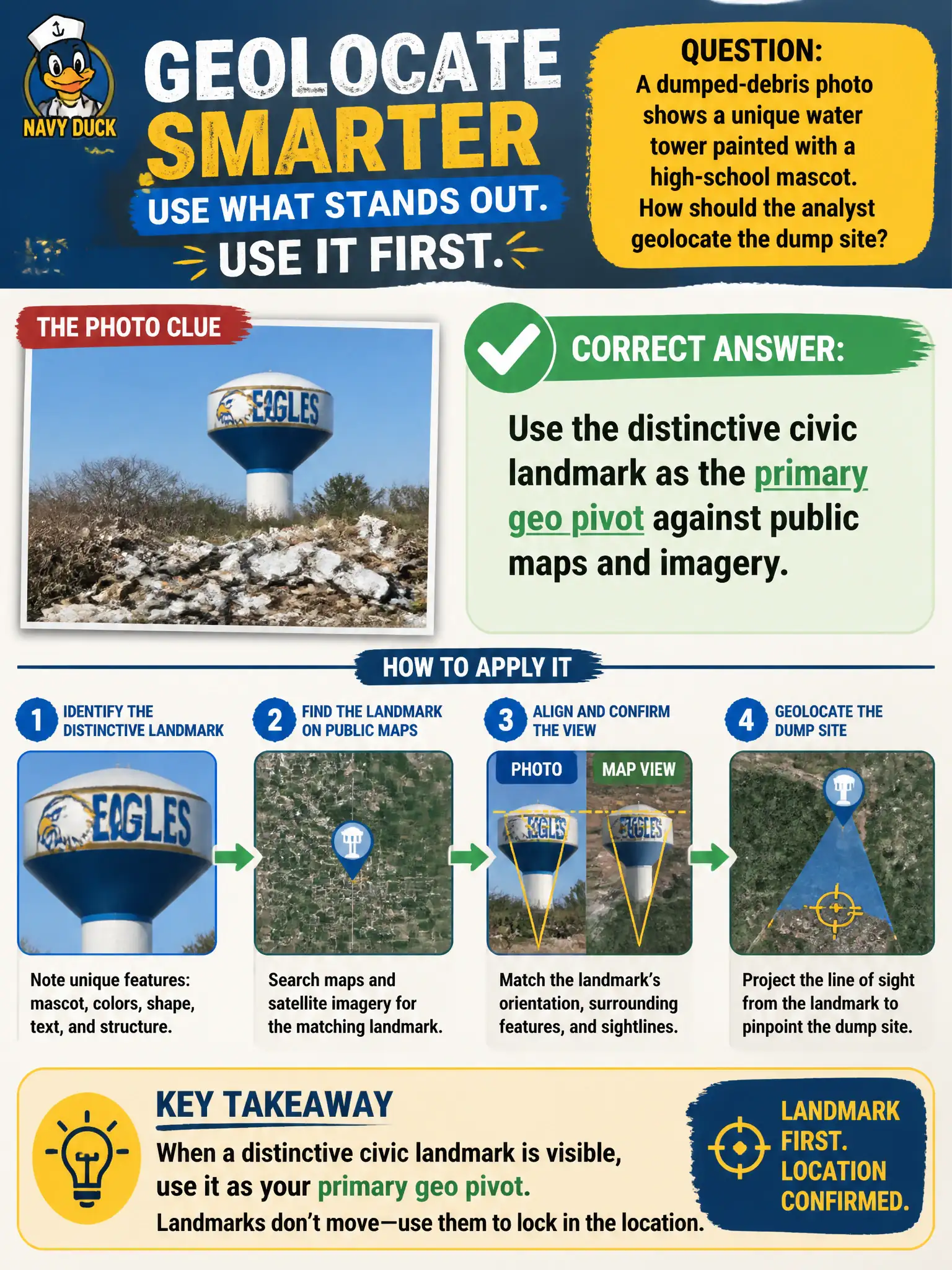 To Create an exciting colorful infographic that explains the concepts in the question: Question: A dumped-debris photo shows a unique water tower painted with a high-school mascot. How should the analyst geolocate the dump site? Correct Answer: Use the distinctive civic landmark as the primary geo pivot against public maps and imagery. Put EVERY visible label in double quotes. No people. No A/B/C/D letters. In one of the four corners put a little "Navy Duck".
